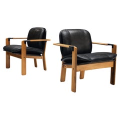 Vintage Franco Poli for Bernini 'Dueacca' Armchairs in Walnut and Leather 