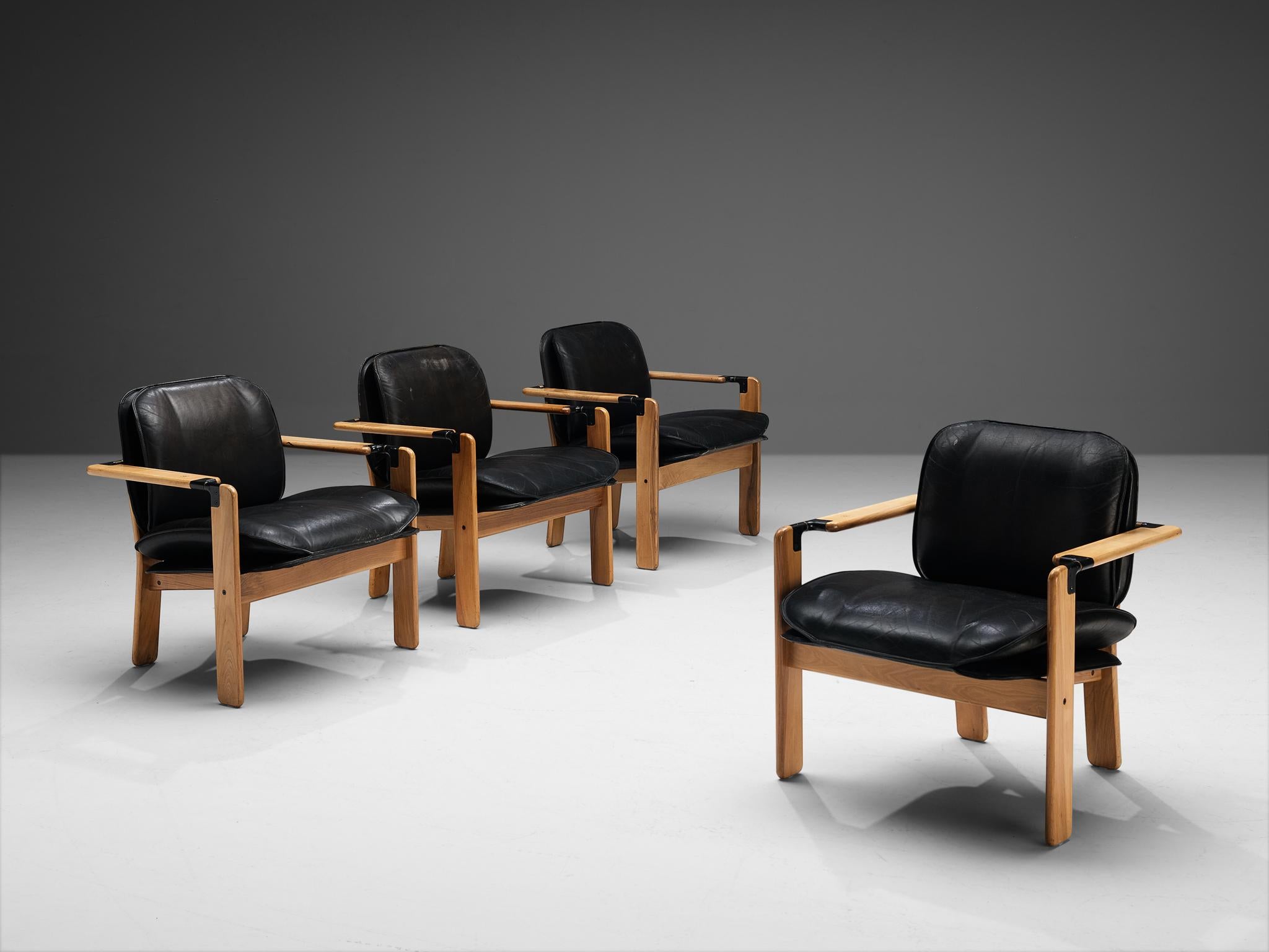 Late 20th Century Franco Poli for Bernini Set of Four 'Dueacca' Armchairs in Walnut and Leather