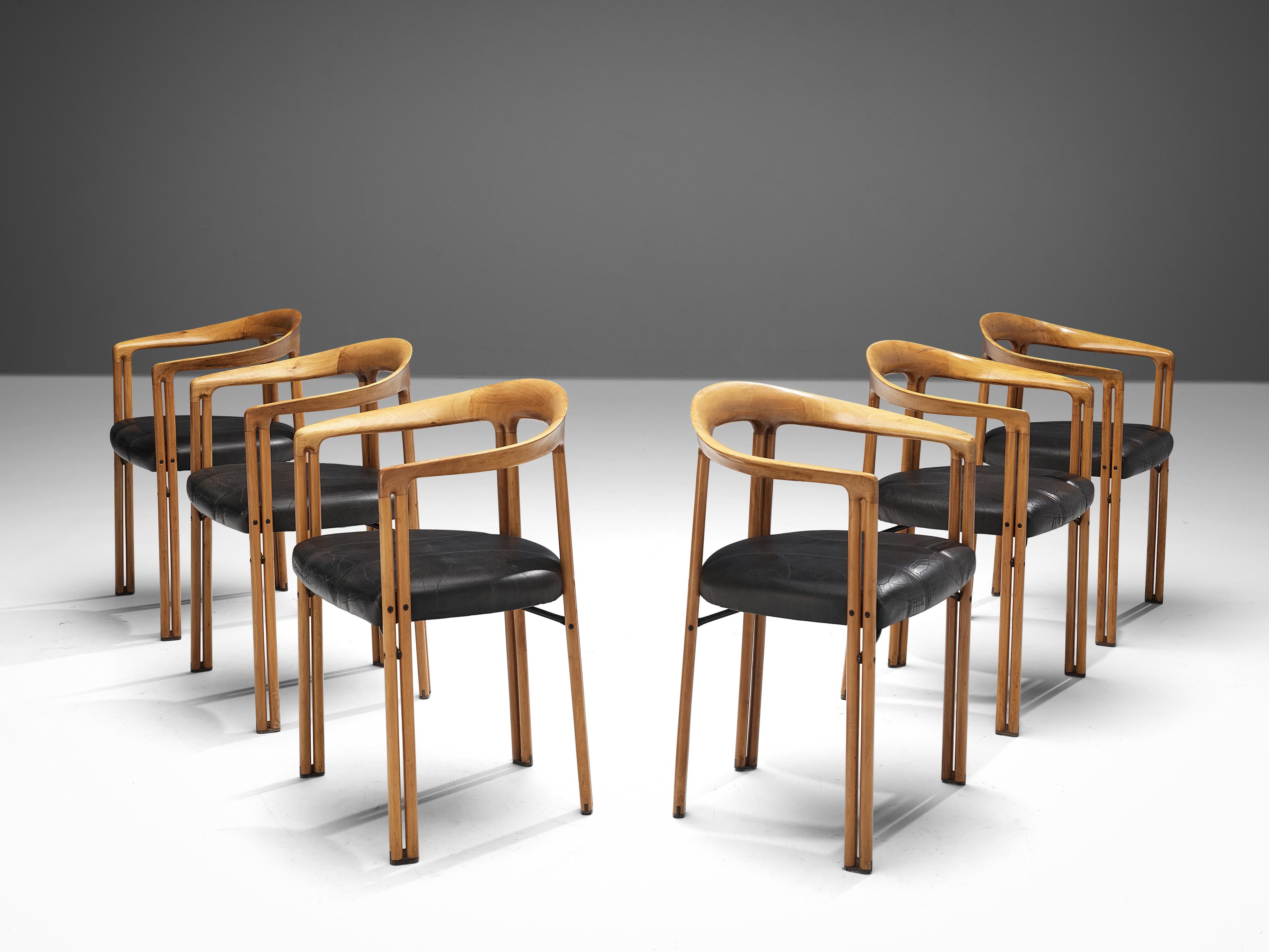 Mid-Century Modern Franco Poli for Bernini Set of Six 'Ulna' Dining Chairs in Walnut and Leather