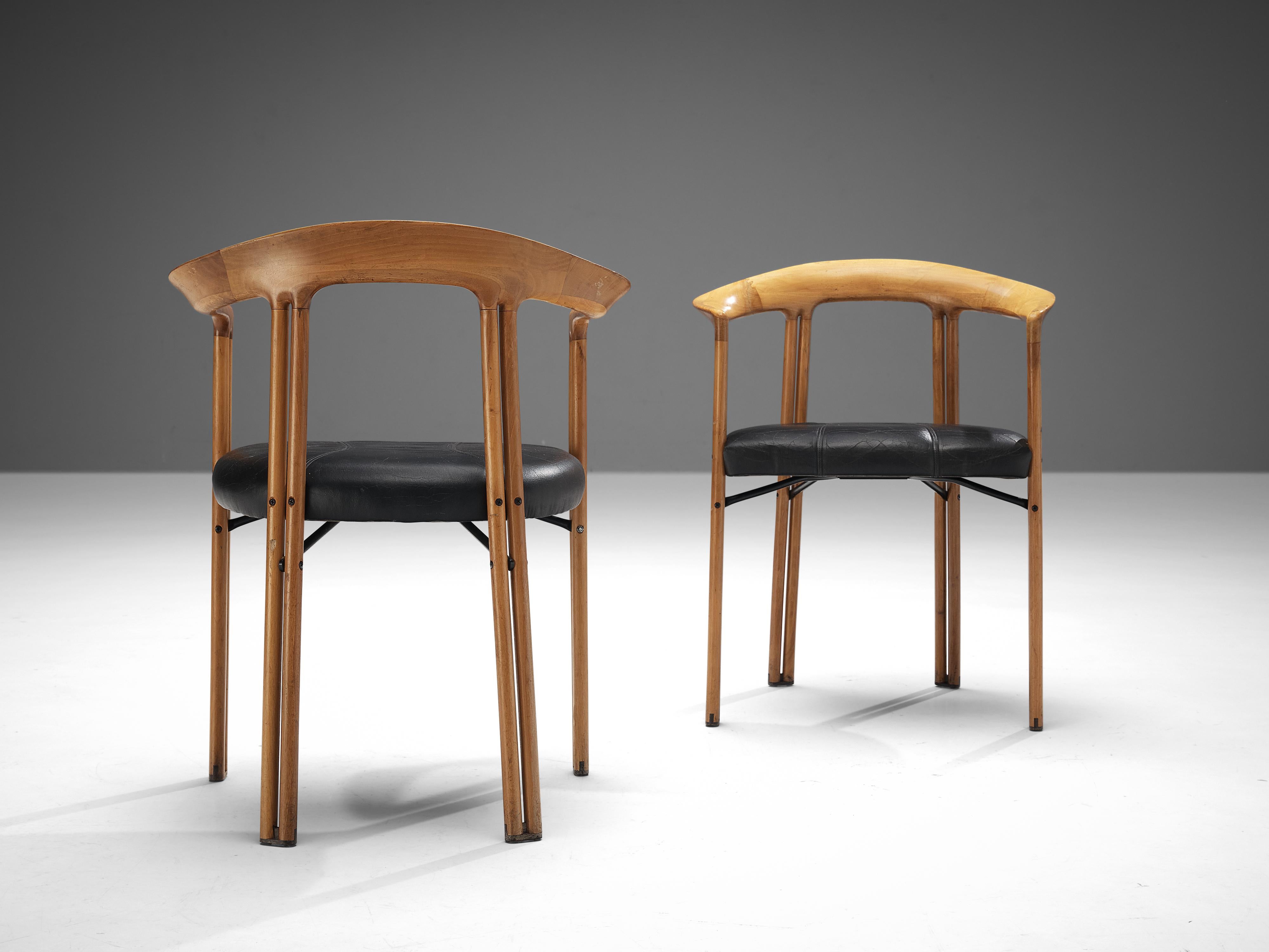 Italian Franco Poli for Bernini Set of Six 'Ulna' Dining Chairs in Walnut and Leather