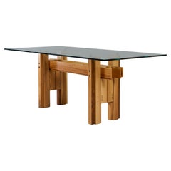 Franco Poli Large Constructivist Dining Table in Wood and Glass, Italy 1970s