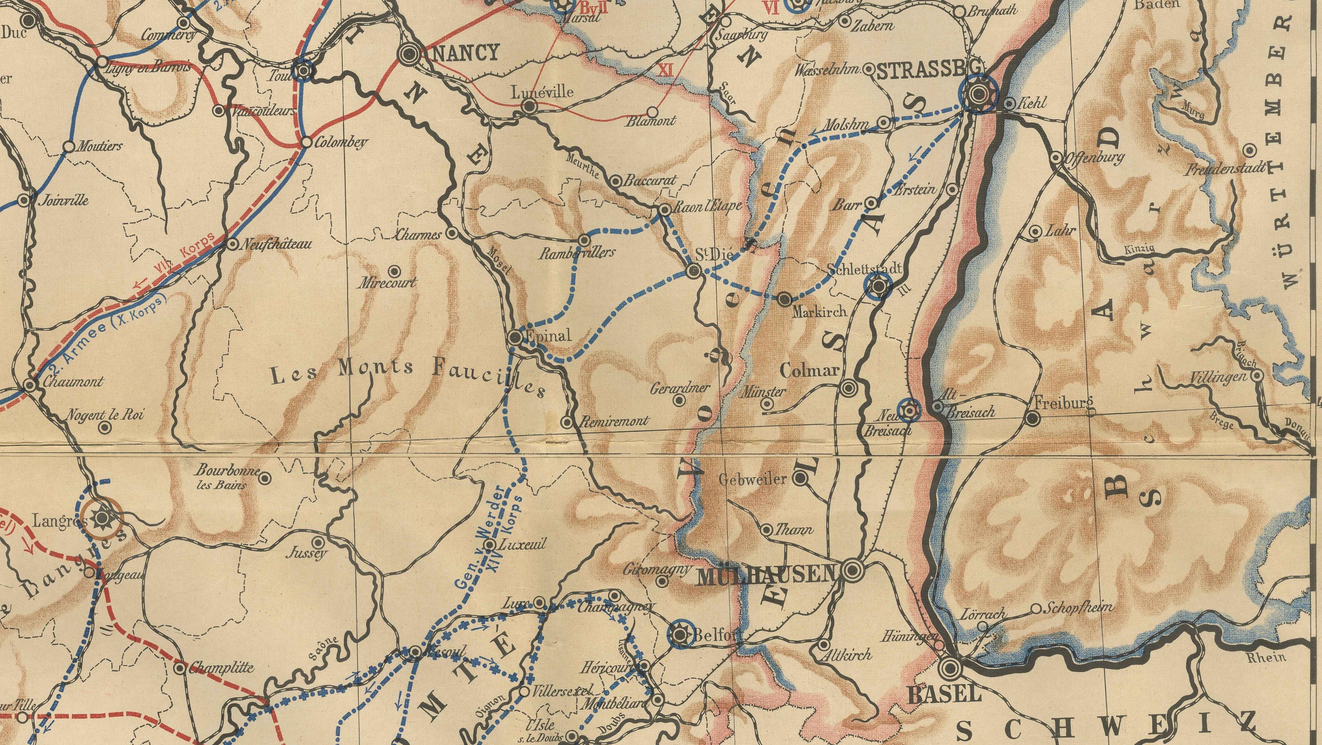 Franco-Prussian War Campaign Map of France and Germany, Original 1871