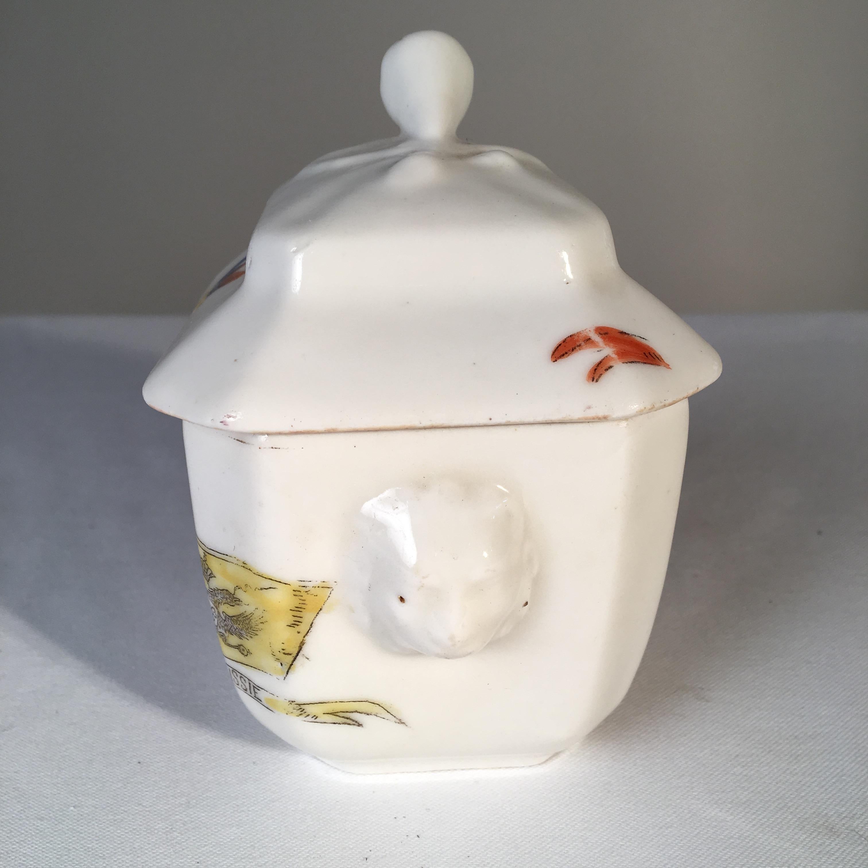 A porcelain sugar bowl with lid commemorating the cease-fire in the Franco-Prussian War, circa 1871. Collection of Pierre Moulin, founder of Pierre Deux shops.