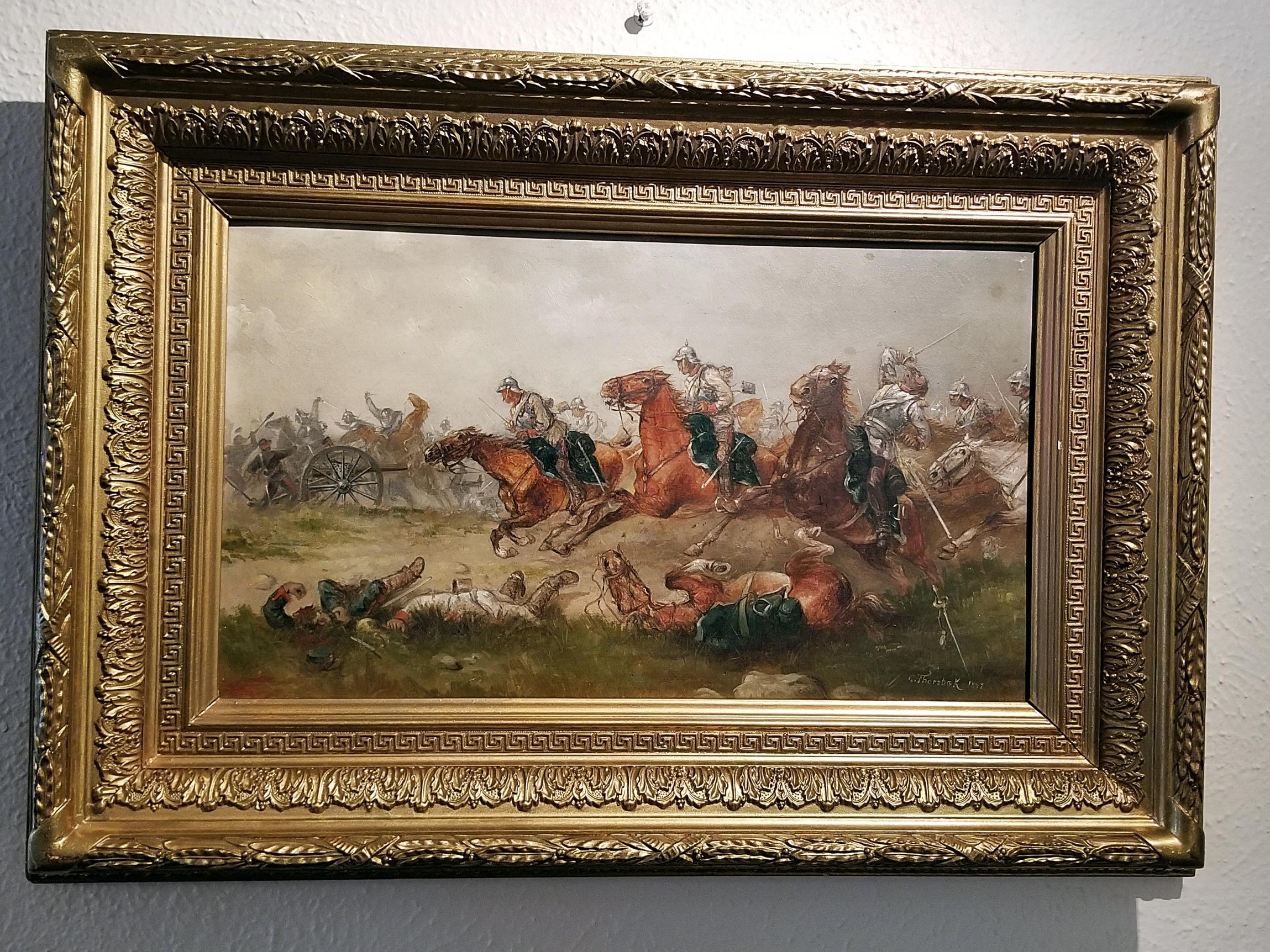 Presenting a historical and unique depiction of a battle during the Franco-Prussian war by G. Thorsbaek 1897.

Signed and dated by the artist on the bottom right.

This original oil on board is in it’s original frame and depicts Prussian cavalry