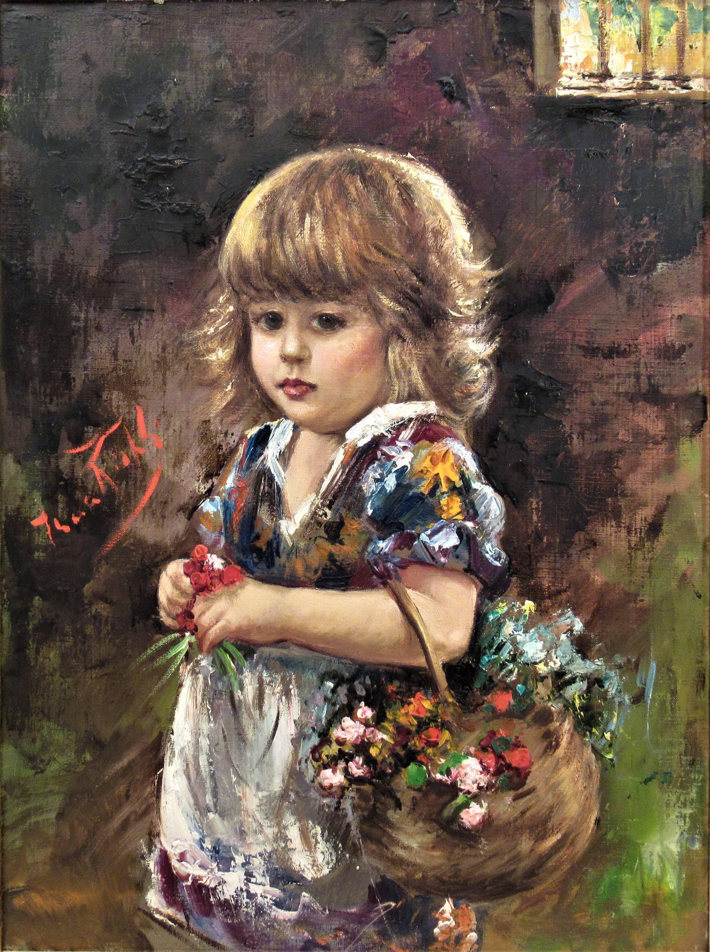Little Girl with Flowers Basket - Painting by Franco Rispoli