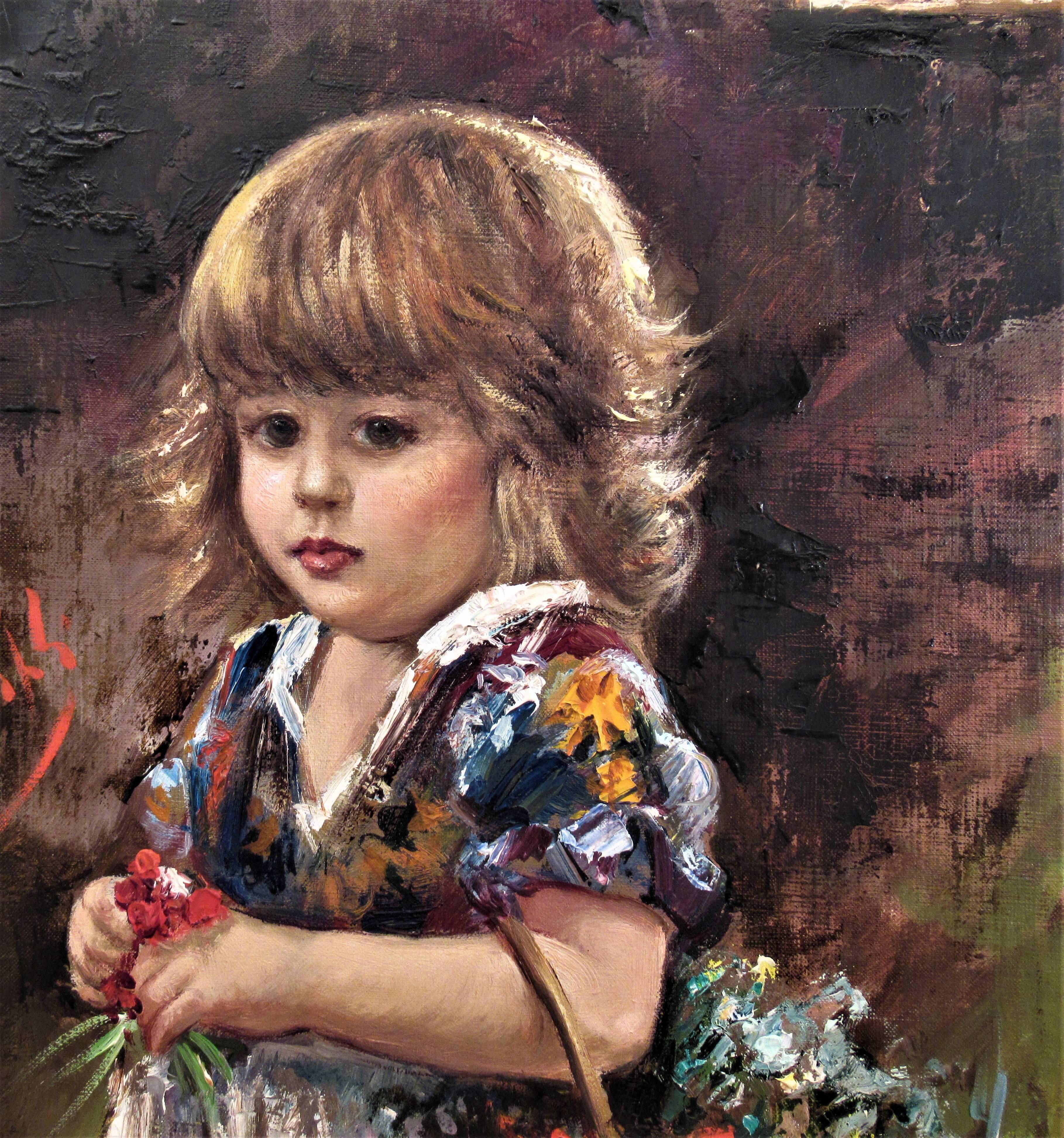 Kleines Mädchen mit Blumenkorb (Realismus), Painting, von Franco Rispoli