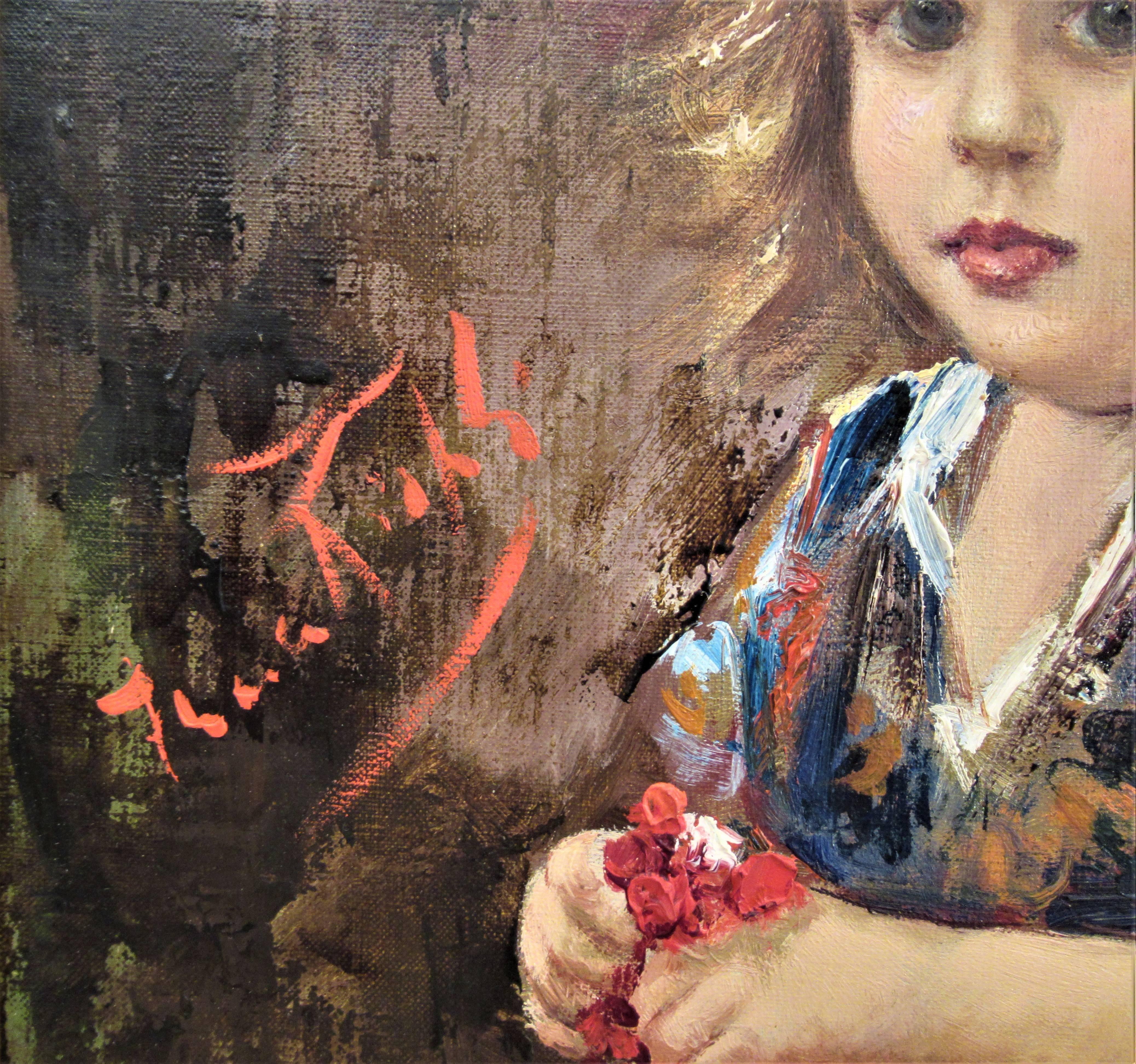 Kleines Mädchen mit Blumenkorb (Braun), Figurative Painting, von Franco Rispoli
