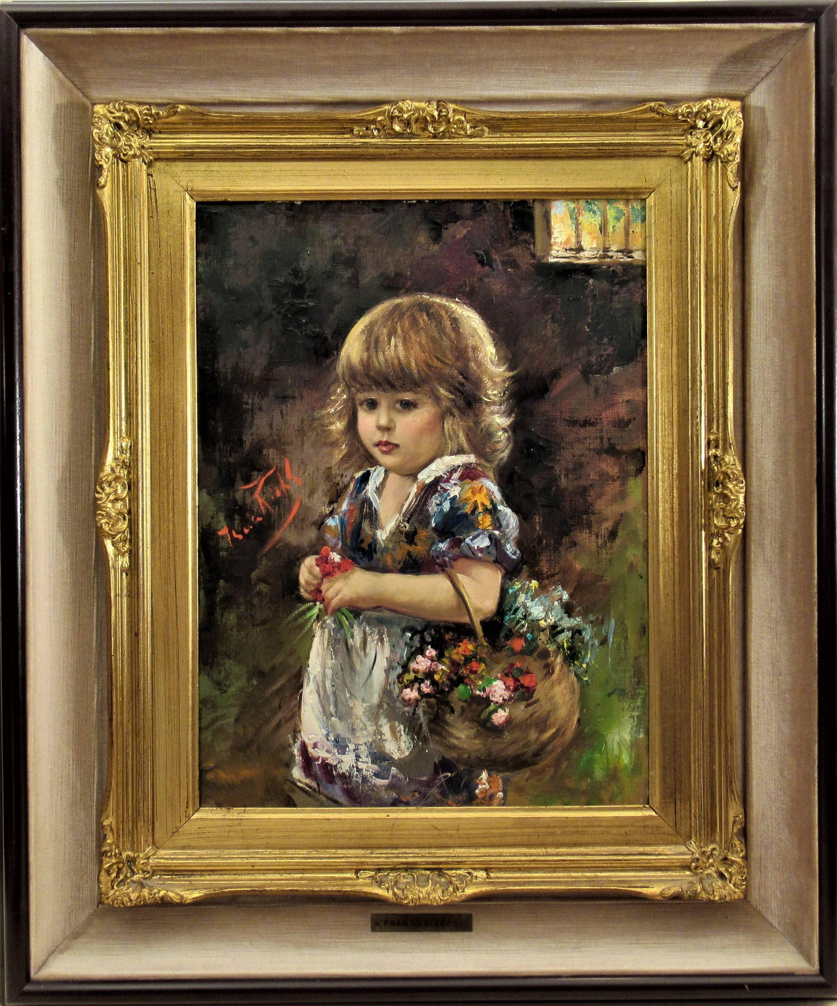 Franco Rispoli Figurative Painting - Little Girl with Flowers Basket