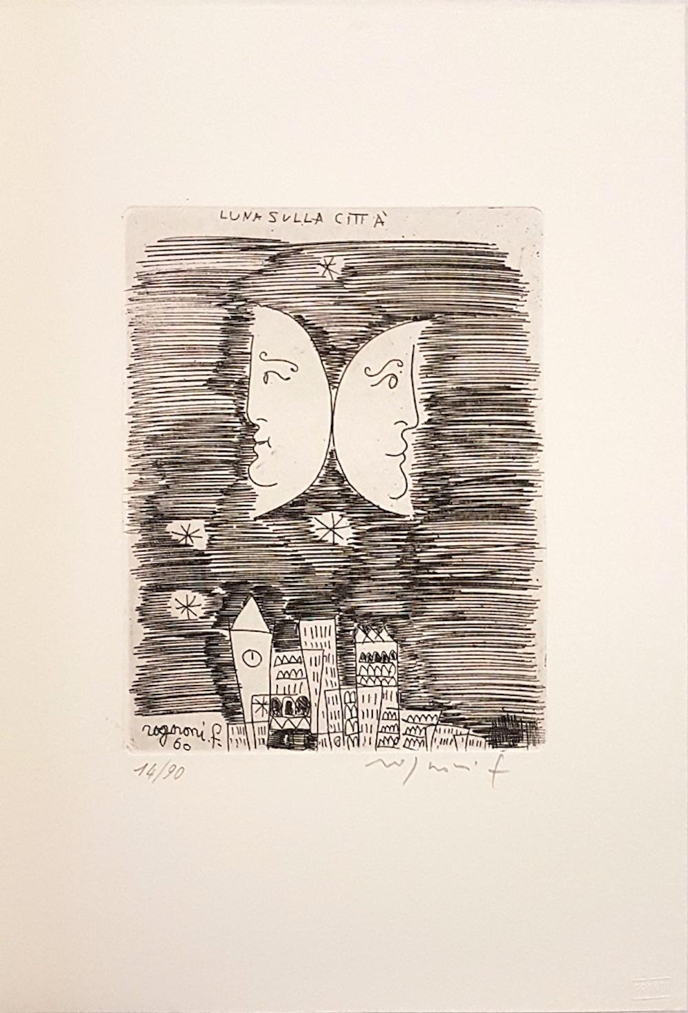 Moon on the City - Origina Etching by F. Rognoni - 1960 - Print by Franco Rognoni