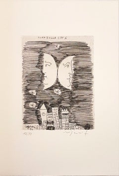 Moon on the City - Origina Etching by F. Rognoni - 1960