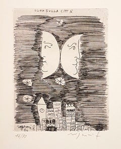 Moon on the City - Origina Etching by F. Rognoni - 1960