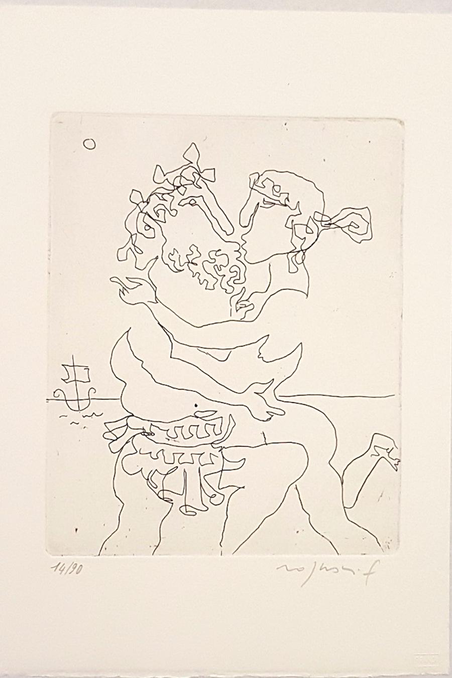 Franco Rognoni Figurative Print - Ulysses and Calipso - Origina Etching by F. Rognoni - 1967