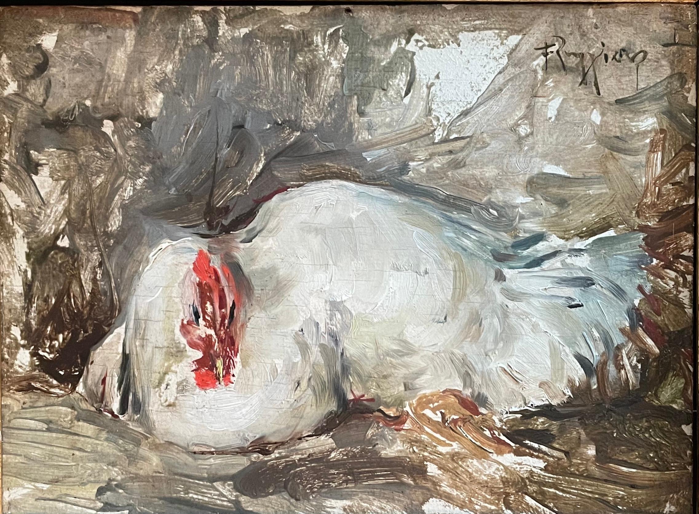 Franco Ruggiero (1910-1996), Mother Hen, 1940's. Vintage Italian farmhouse painting of hen in original gold frame with label on reverse from exhibition in Milan in 1945. Italy circa 1940’s.
Dimensions: 15” W x 12.5” H x 1.5” D; sight: 9” W x 7” H