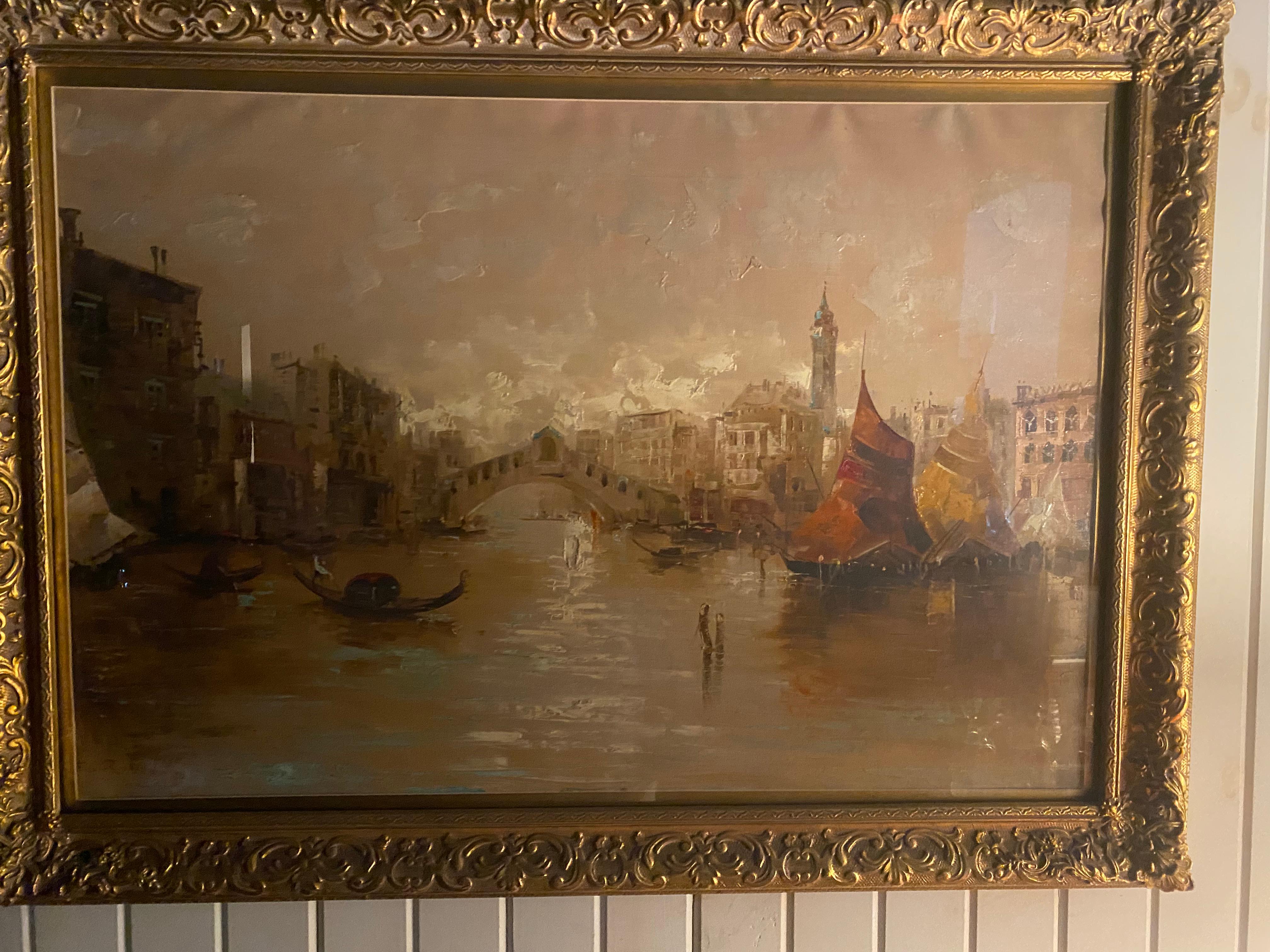 Franco Ruocco Oil on Canvas of a Venice Canal Scene in Giltwood Frame  In Excellent Condition For Sale In Buchanan, MI