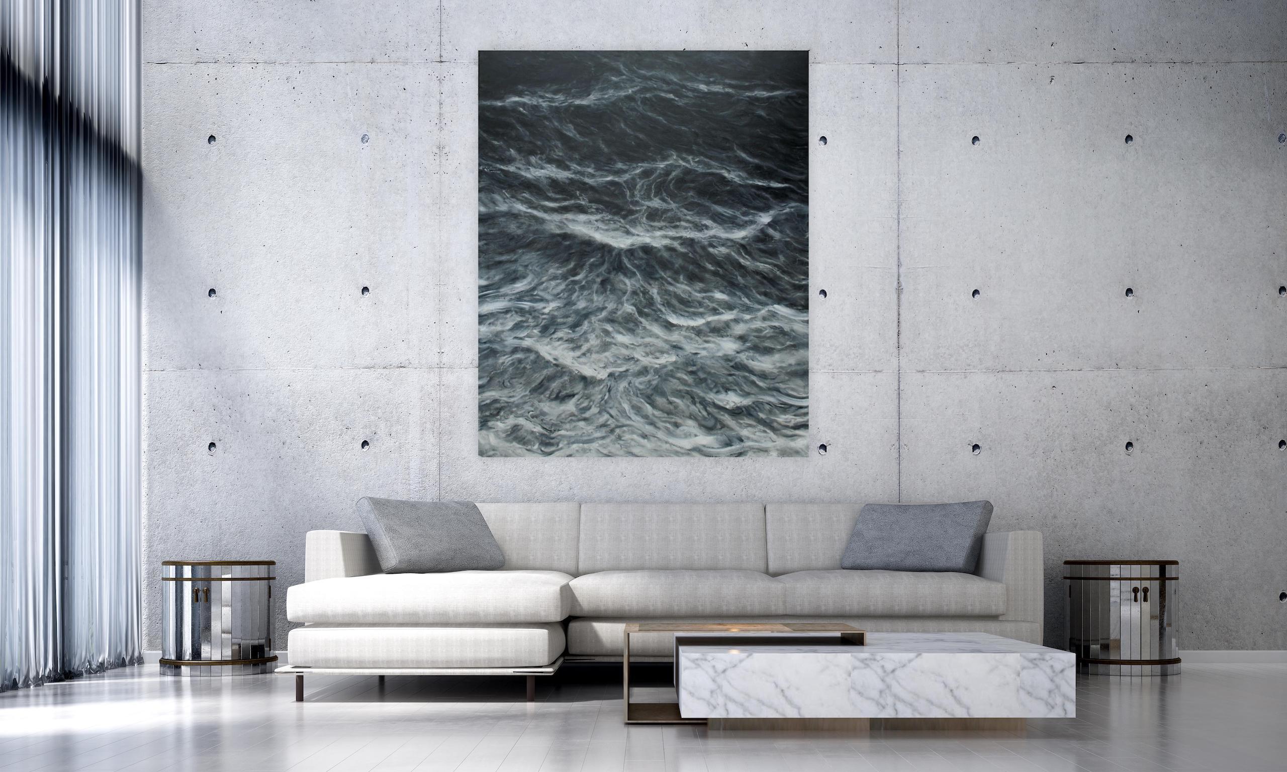 Abstrakter Ozean von Franco Salas Borquez - Schwarz-Weiß-Gemälde, Meereswellen im Angebot 1