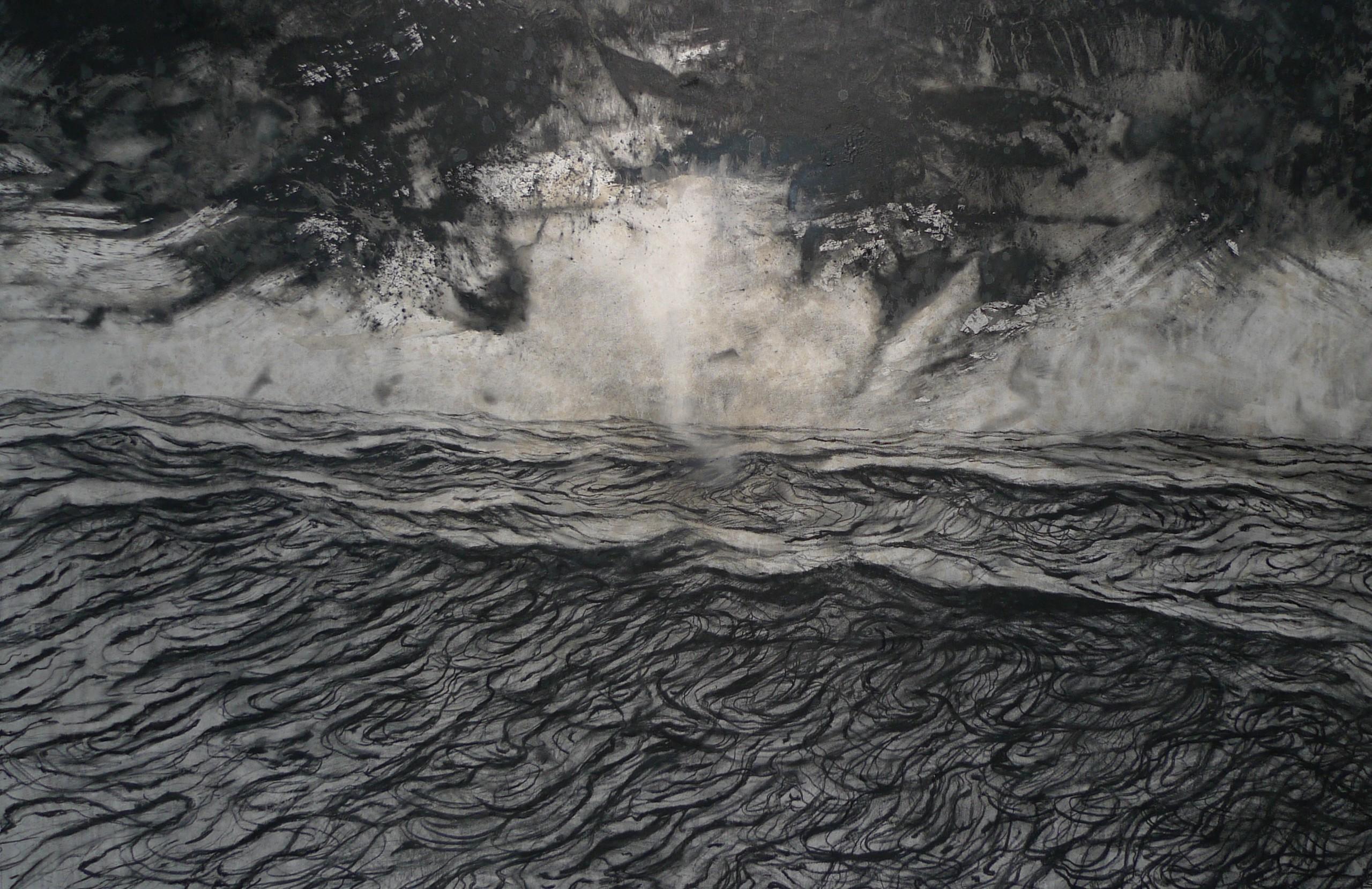 Alma by Franco Salas Borquez - Black & white painting, ocean waves, seascape