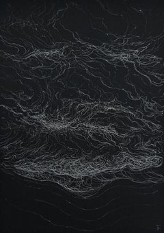Element I by Franco Salas Borquez - Work on paper, ocean waves, black & silver