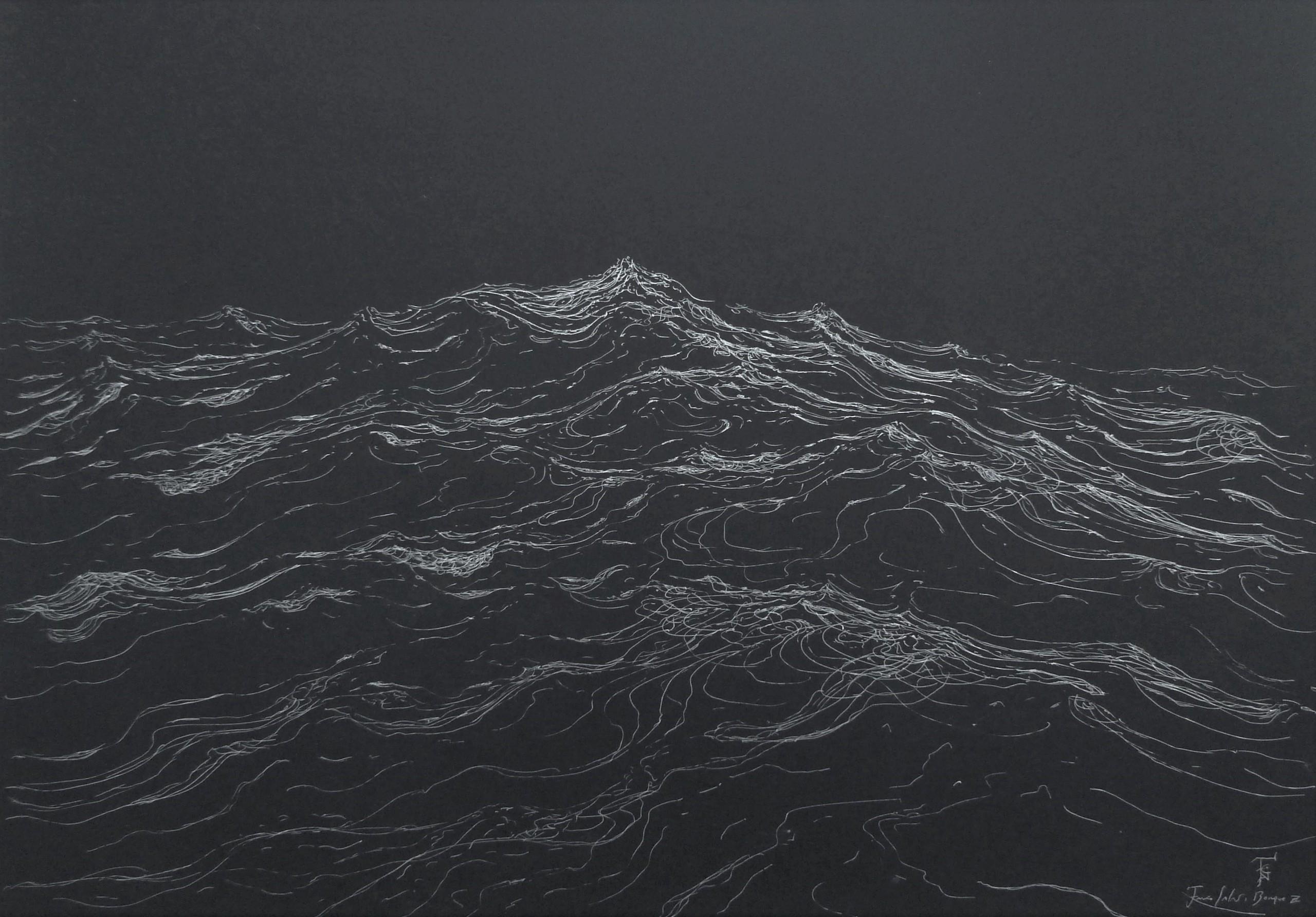 Extreme currents est une peinture unique à l'encre argentée sur papier Canson de l'artiste contemporain Franco Salas Borquez, dont les dimensions sont de 50 × 70 cm (19,7 x 27,6 in). Elle est vendue encadrée sous un verre antireflet et les