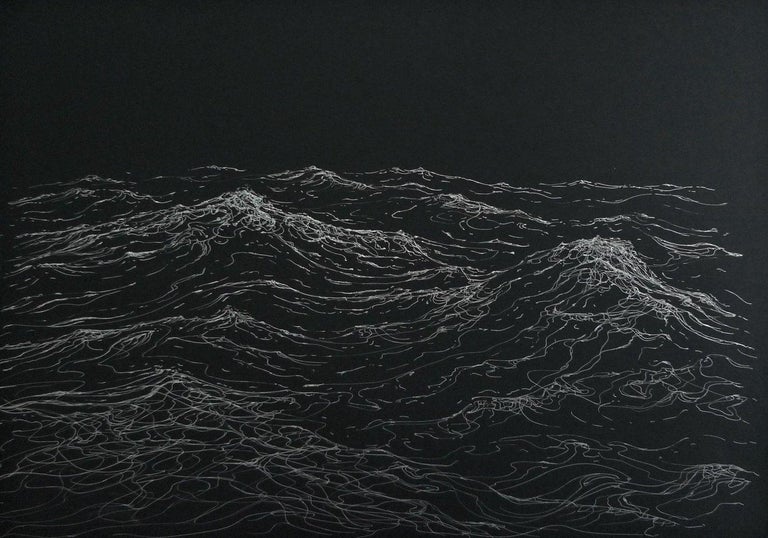 Franco Salas Borquez Figurative Painting - In the middle of the night by F. S. Borquez - Work on paper, ocean waves