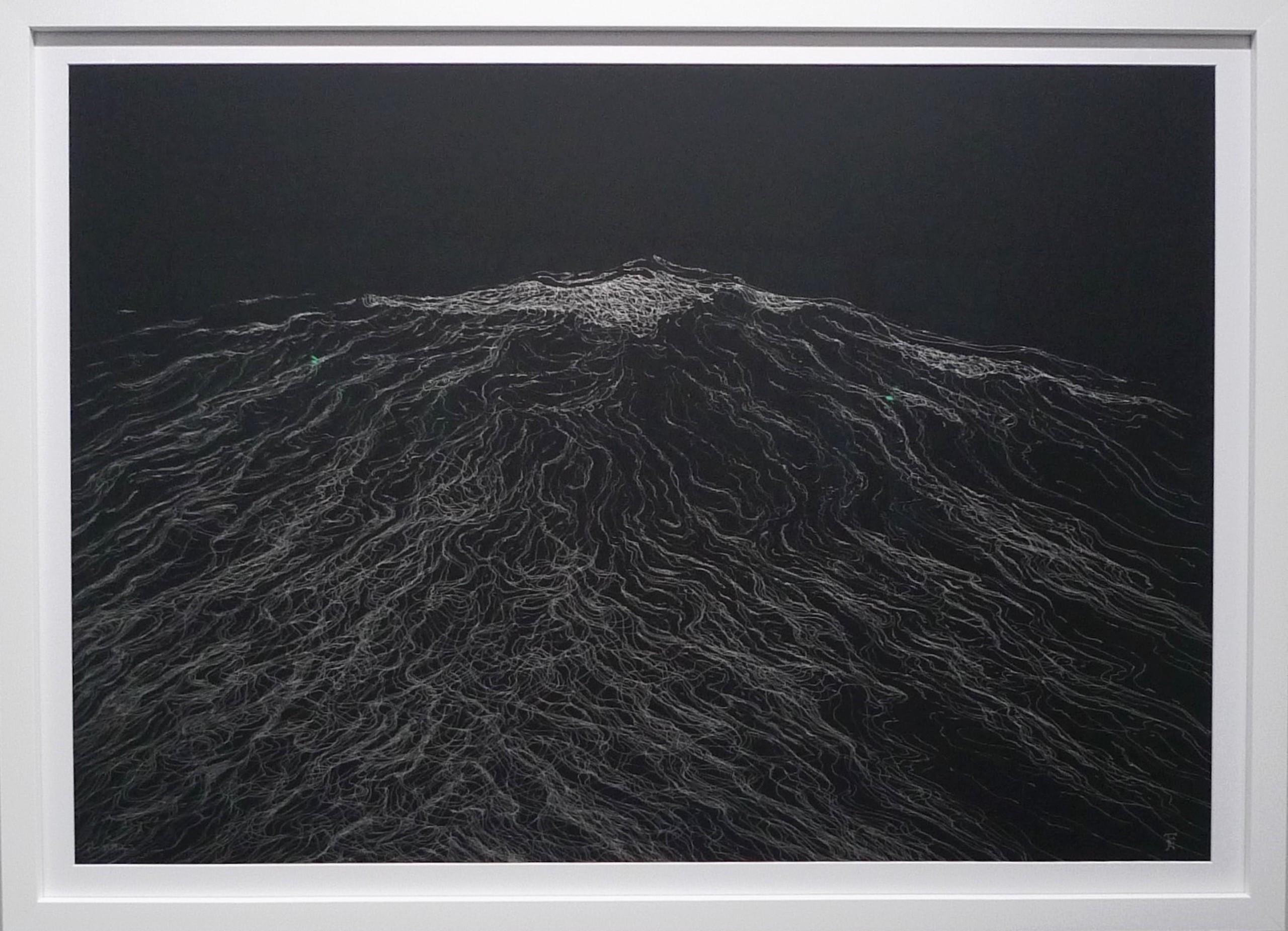 The Big Wave is a unique ink on black Clairefontaine paper painting by contemporary artist Franco Salas Borquez, dimensions are 70 × 100 (27.6 × 39.4). It is sold framed under an anti-reflective museum glass and the framed dimensions are 80 x 110 cm