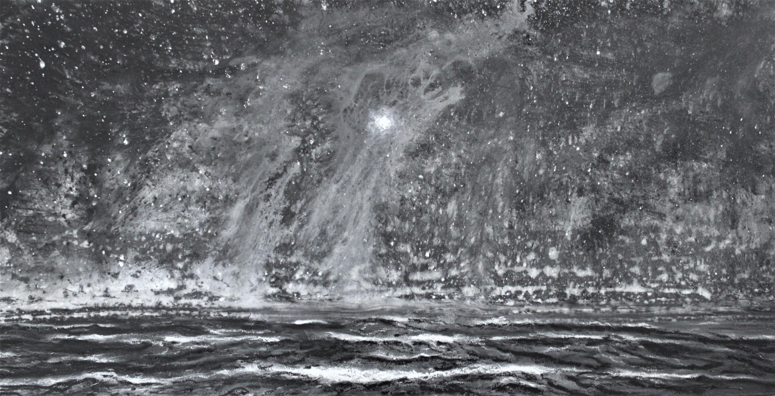 The deluge by Franco Salas Borquez - Black & white painting, ocean waves, sea