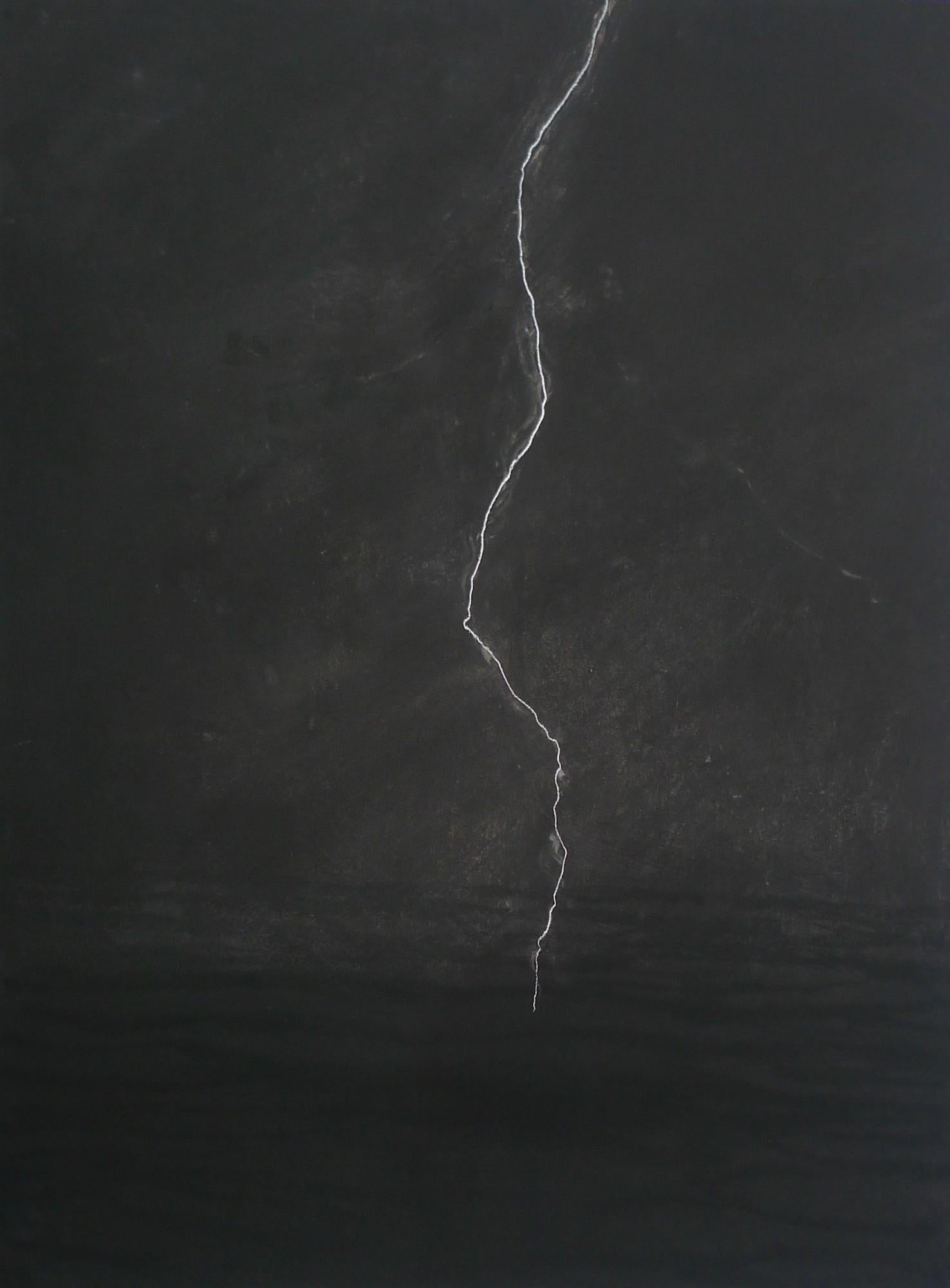 The Lightning is a unique pigments and silver crayon on wood painting by contemporary artist Franco Salas Borquez, dimensions are 80 × 60 cm (31.5 × 23.6 in). 
The artwork is signed, sold unframed and comes with a certificate of