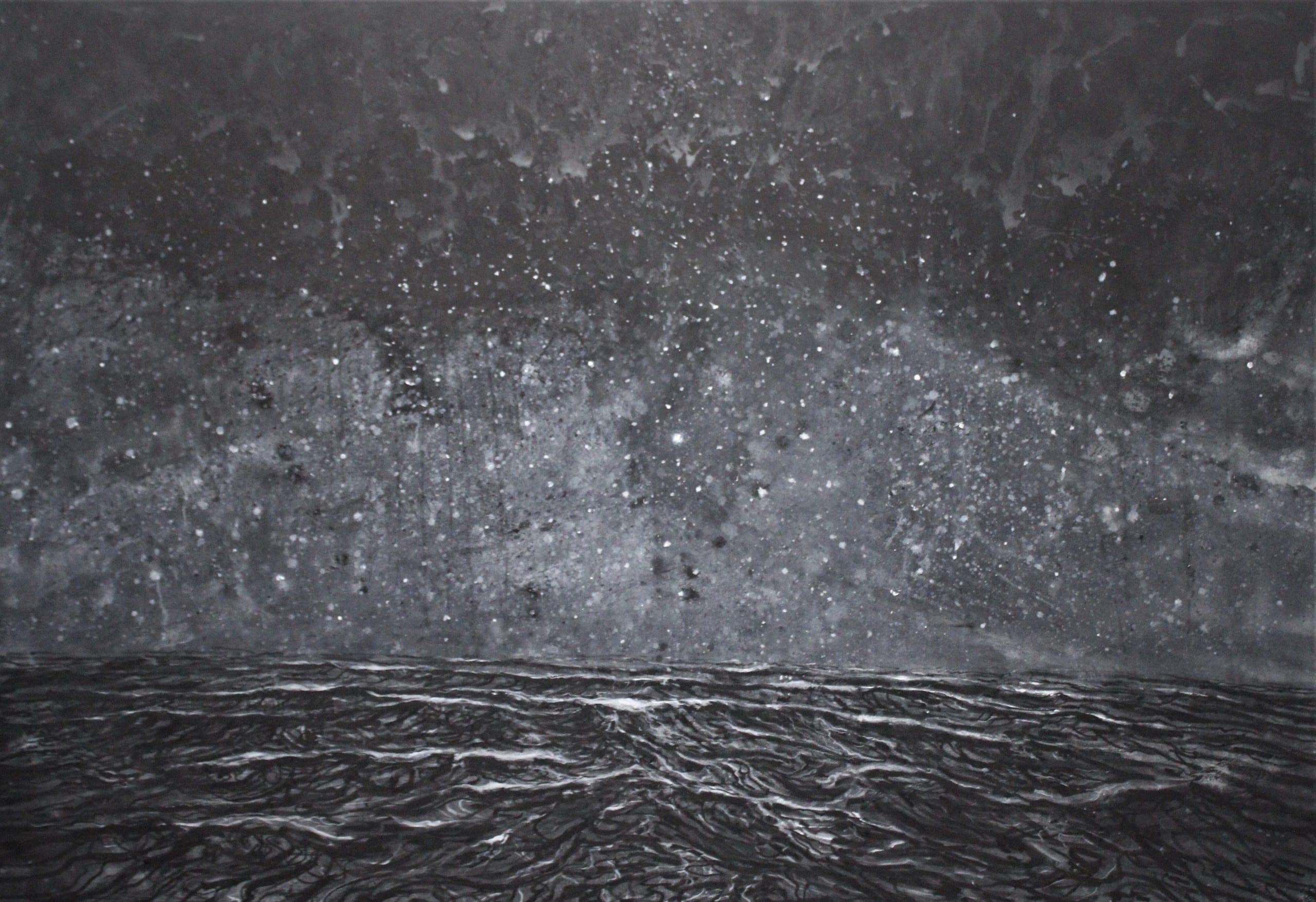 The night par Franco Salas Borquez - Peinture noir et blanc, vagues de l'océan, mer