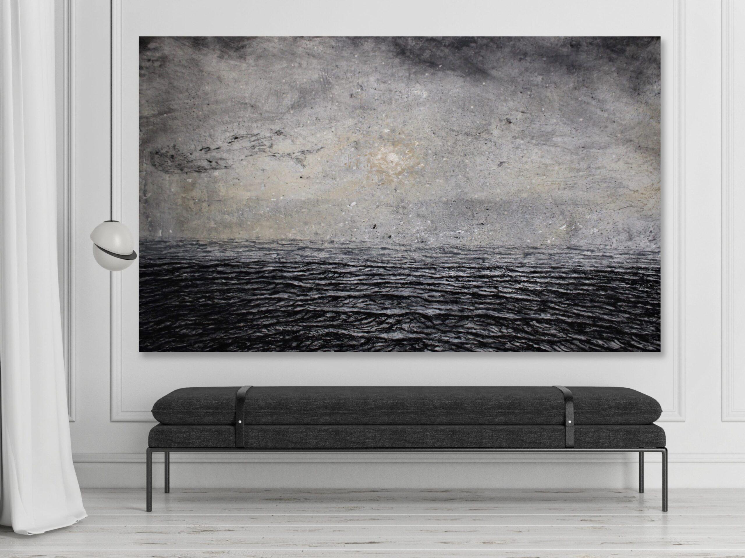 Der Sonnenaufgang von Franco Salas Borquez – Schwarz-Weiß-Gemälde, Meereswellen, Meeresformen, Meer im Angebot 1