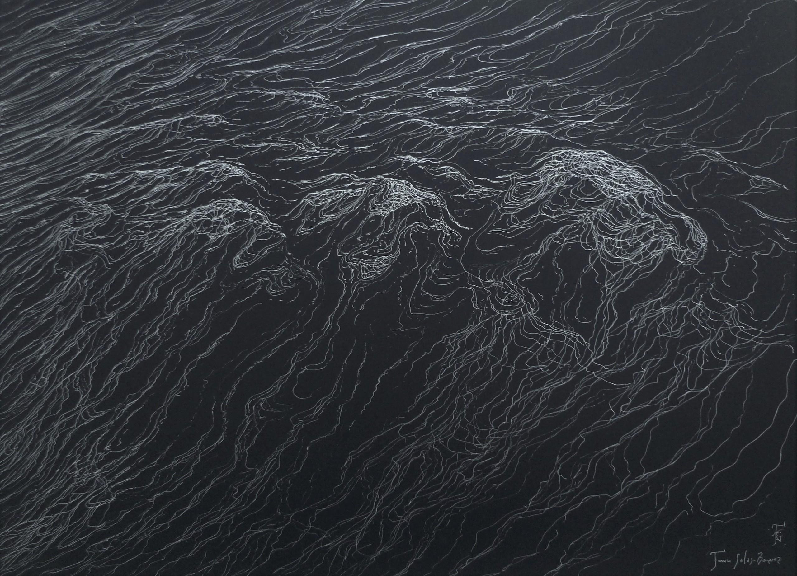 The walk of the swells (ink) est une peinture unique à l'encre argentée sur toile de l'artiste contemporain Franco Salas Borquez, dont les dimensions sont de 50 × 70 cm (19,7 x 27,6 in). Elle est vendue encadrée et ses dimensions sont de 63 x 83 cm