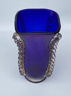 Franco Schiavon Vibrant Blue Murano Art Glass Vase with Gold Handles and Dust