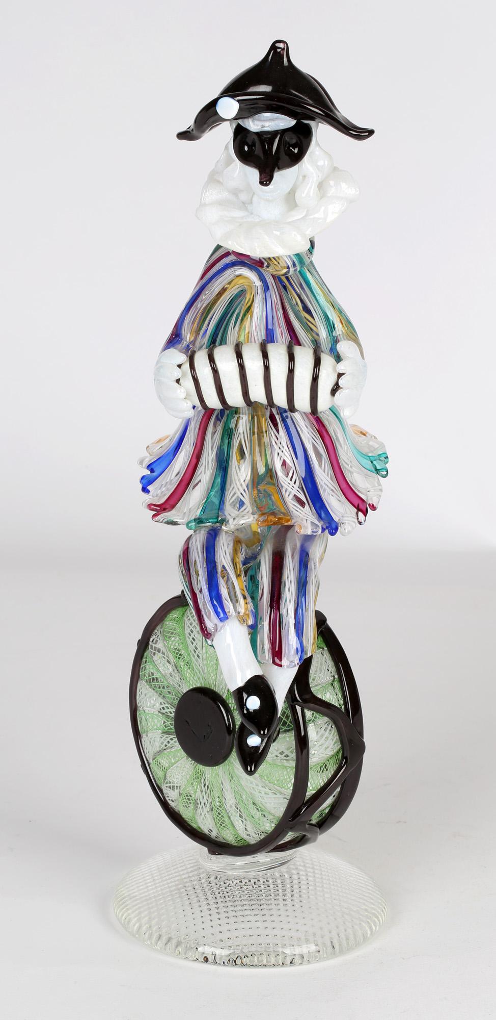 Mid-Century Modern Franco Toffolo Commedia Dell'Arte Glass Clown Figure Playing A Squeeze Box
