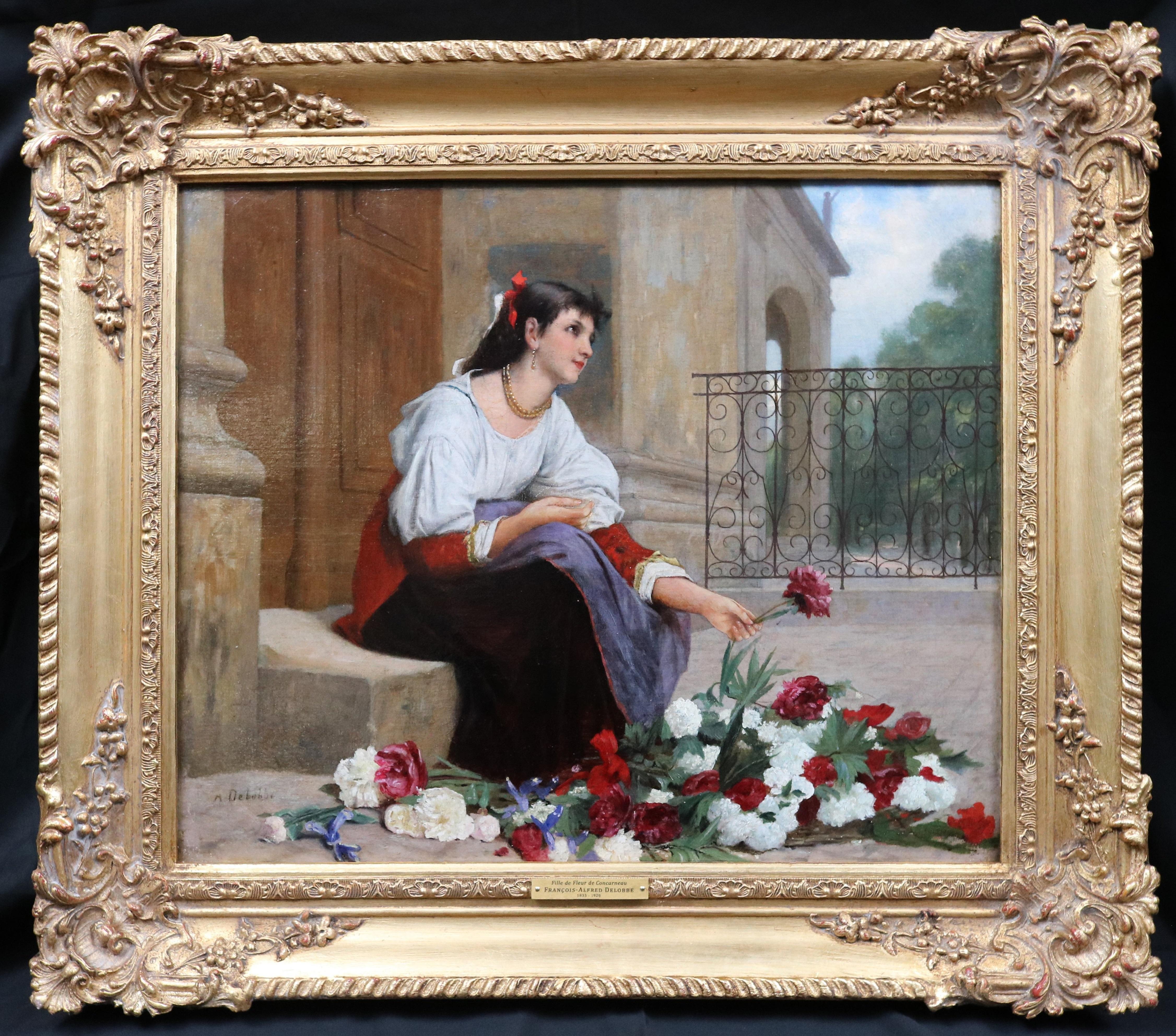 Fille de Fleur de Concarneau - 19th Century French Oil Painting of Flower Girl  - Brown Landscape Painting by FRANÇOIS ALFRED DELOBBE