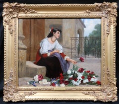 Fille de Fleur de Concarneau - Peinture à l'huile française du 19e siècle représentant une fille à fleurs