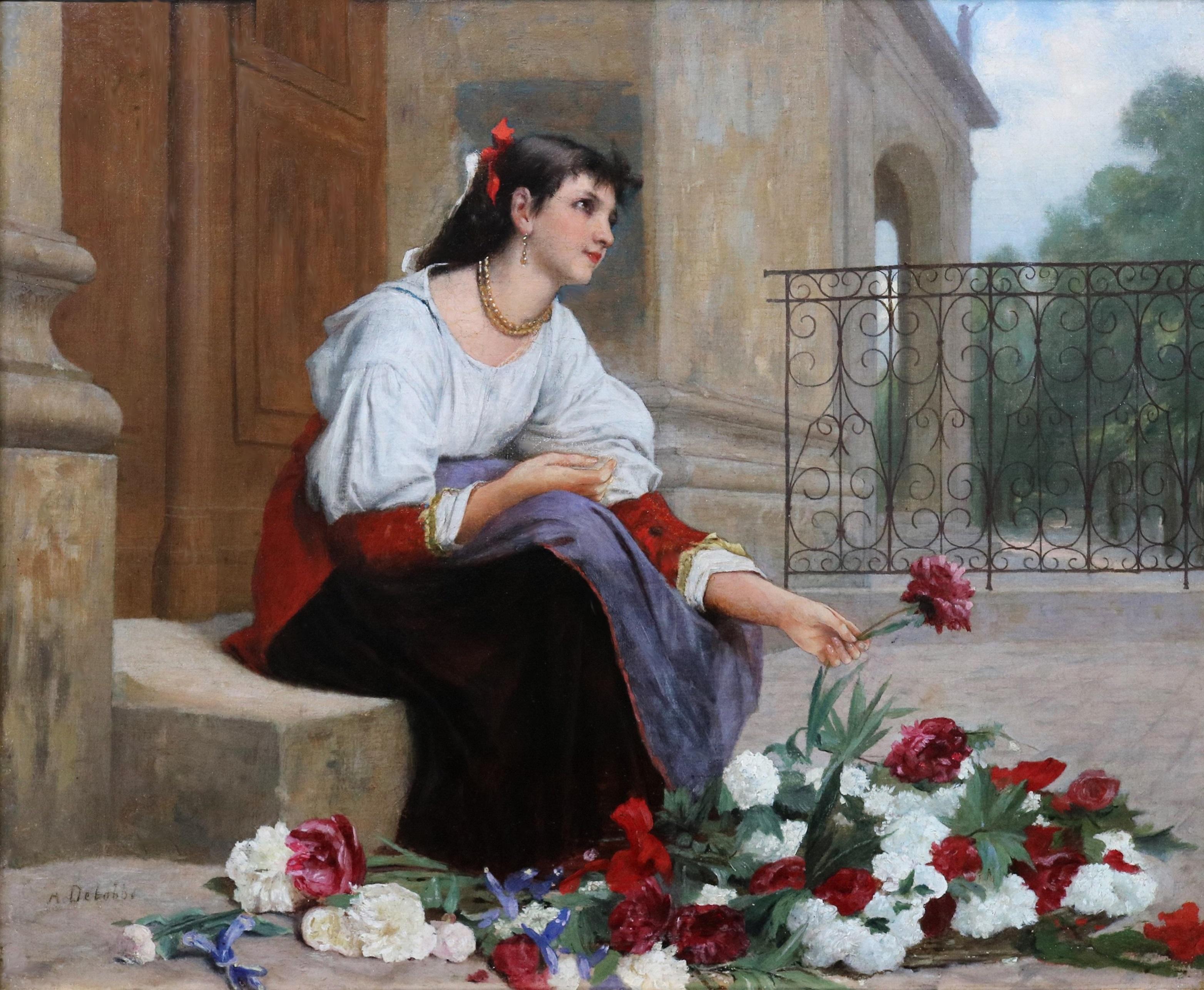 Fille de Fleur de Concarneau - 19th Century French Oil Painting of Flower Girl  For Sale 1