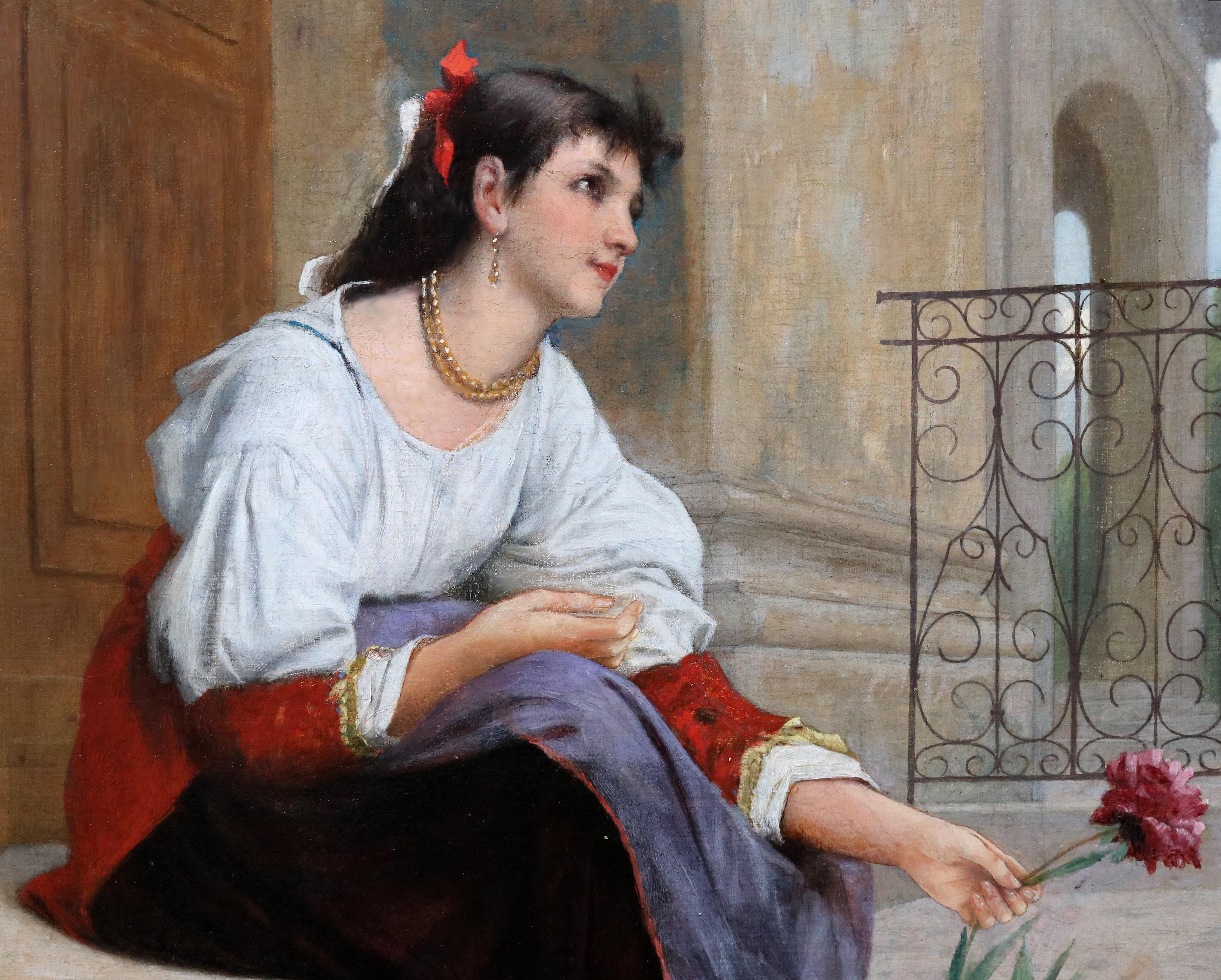 Fille de Fleur de Concarneau - 19th Century French Oil Painting of Flower Girl  For Sale 2