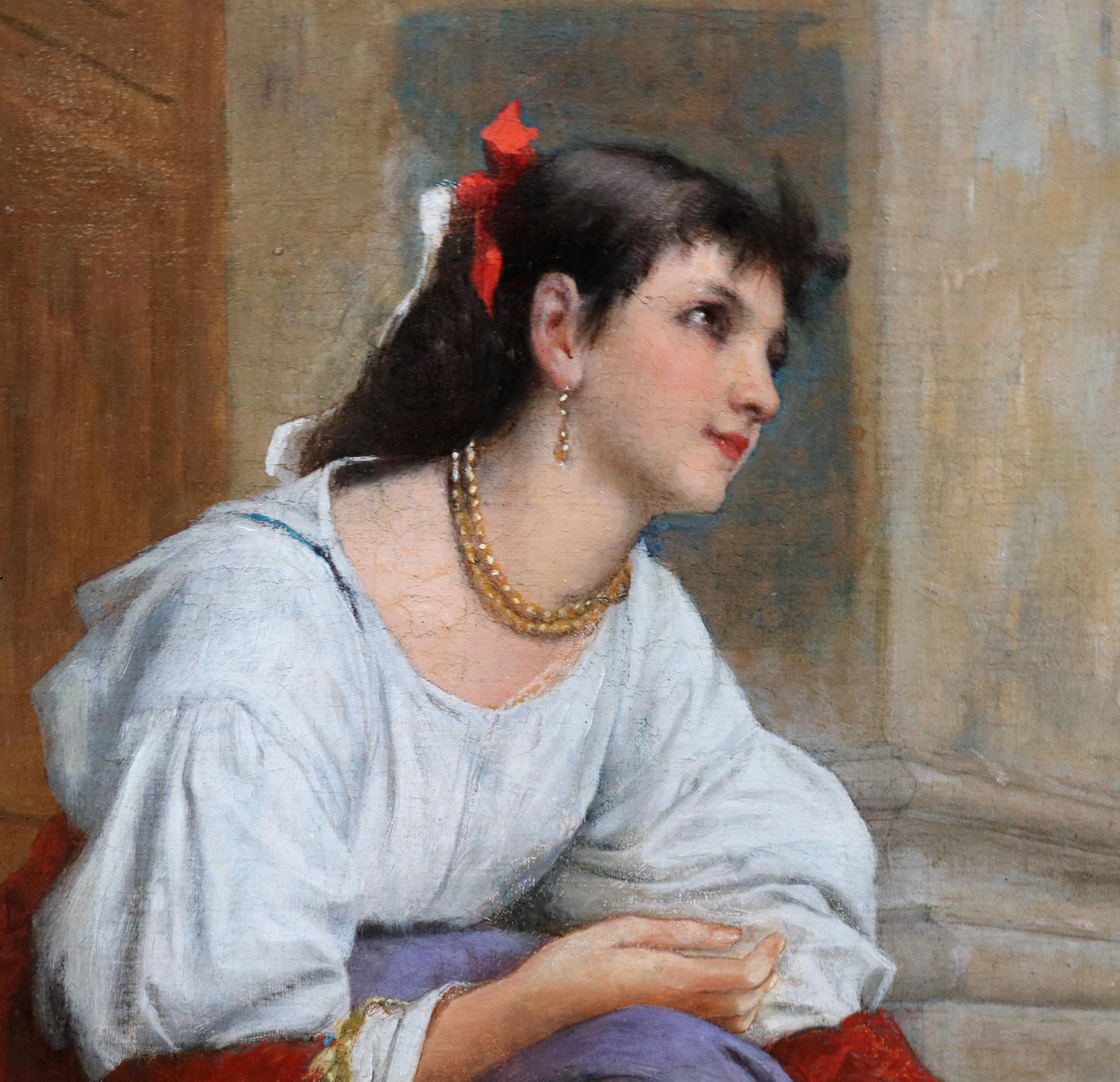 Fille de Fleur de Concarneau - 19th Century Oil Painting of French Flower Girl  For Sale 4
