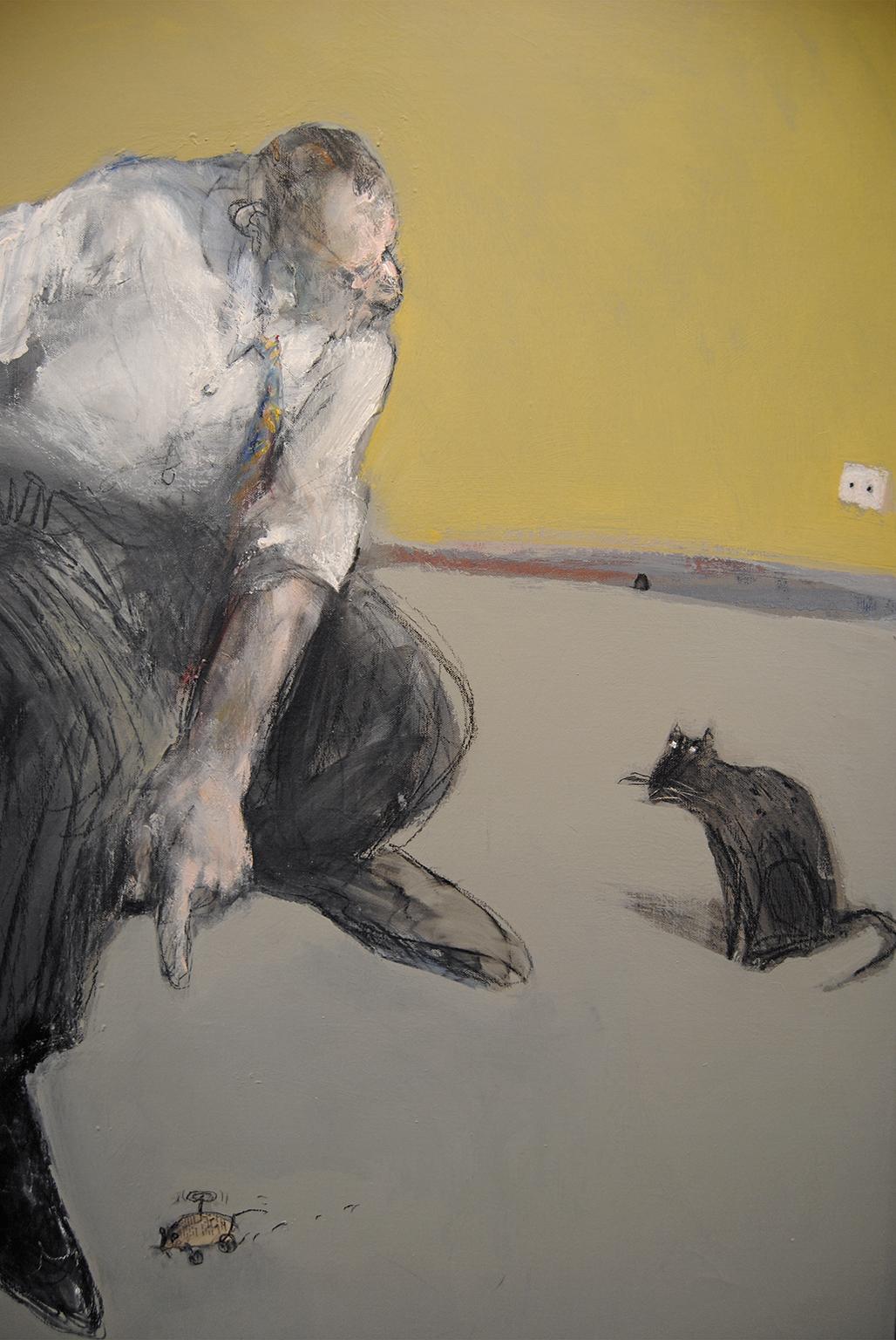 This contemporary, expressionist style oil painting illustrates a male figure, pet cat and a mouse, drawn from imagination using a muted color palette with soft yellows and grays. The painting has a whimsical and humorous quality to it as the