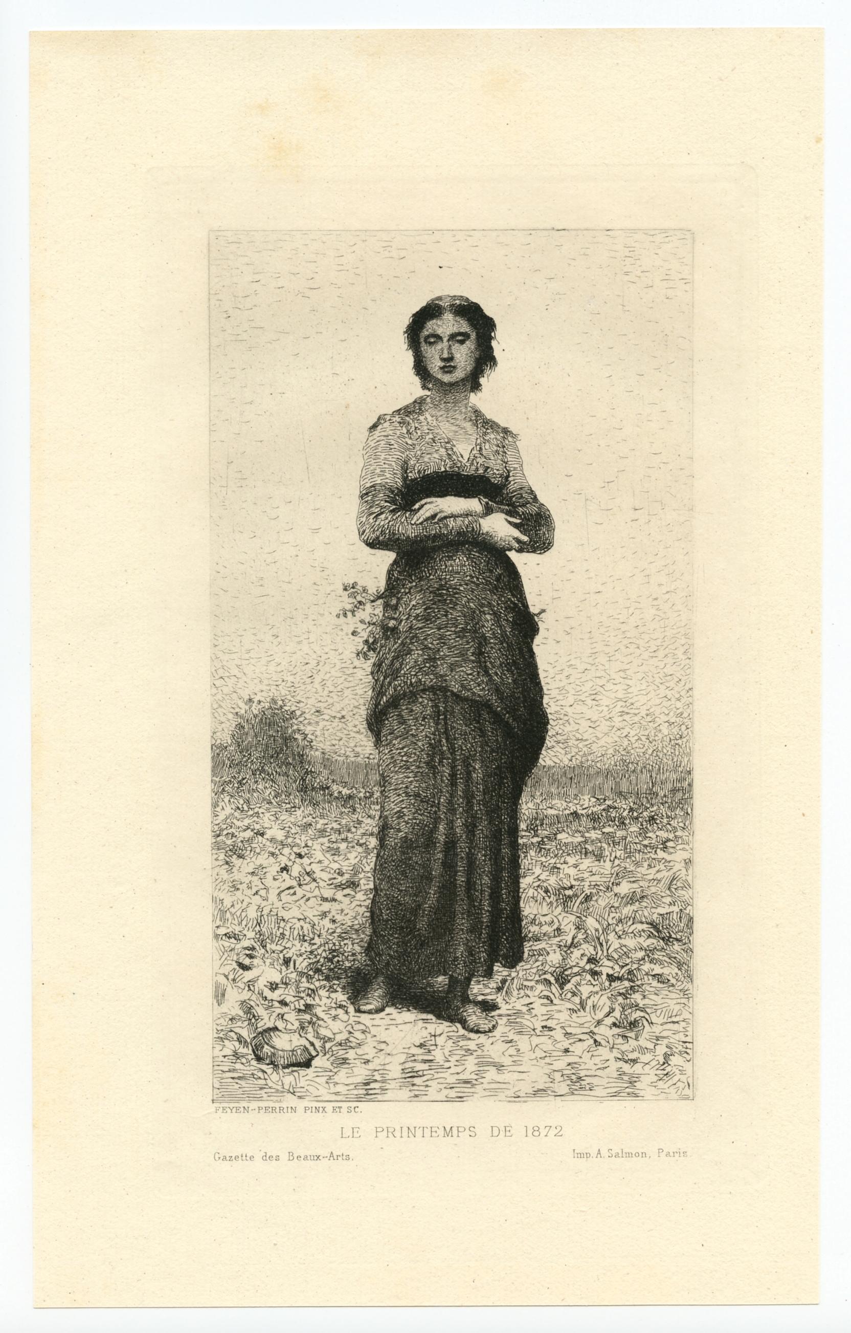 Medium: Original-Radierung. François Nicolas Augustin Feyen wurde als Auguste Feyen-Perrin bekannt. Dieser Abdruck auf Büttenpapier wurde 1872 von A. Salmon gedruckt und in Paris von der Gazette des Beaux-Arts veröffentlicht. Plattengröße: 8 1/4 x 5