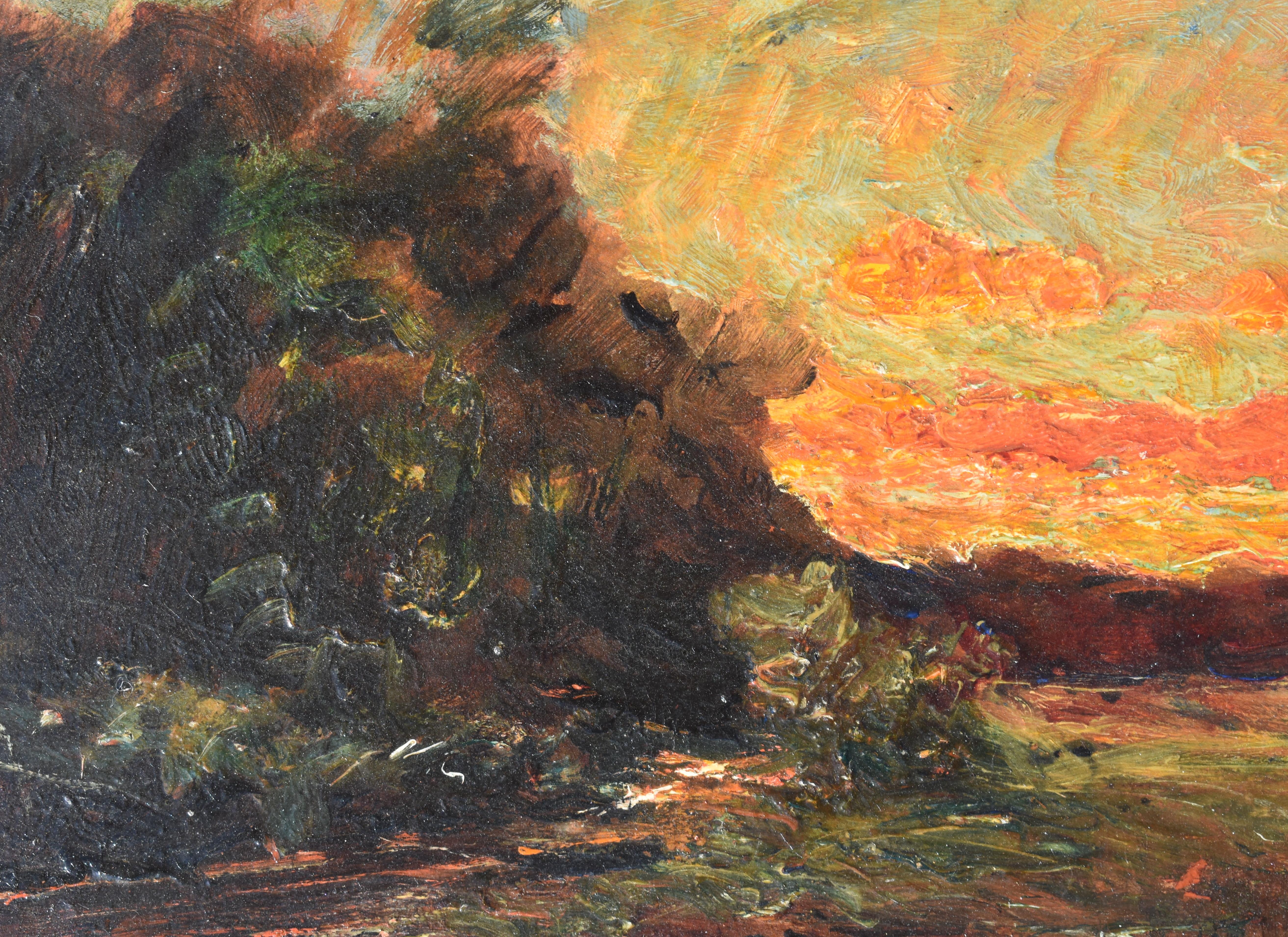 François-Auguste Ravier ( 1814 - 1895) 
Paysage de coucher de soleil 
25cm x 32cm (39cm x 46cm encadré)
10 x 12 pouces (15 x 17 pouces encadré)

Un fabuleux coucher de soleil par le peintre paysagiste impressionniste Auguste Ravier. L'influence du
