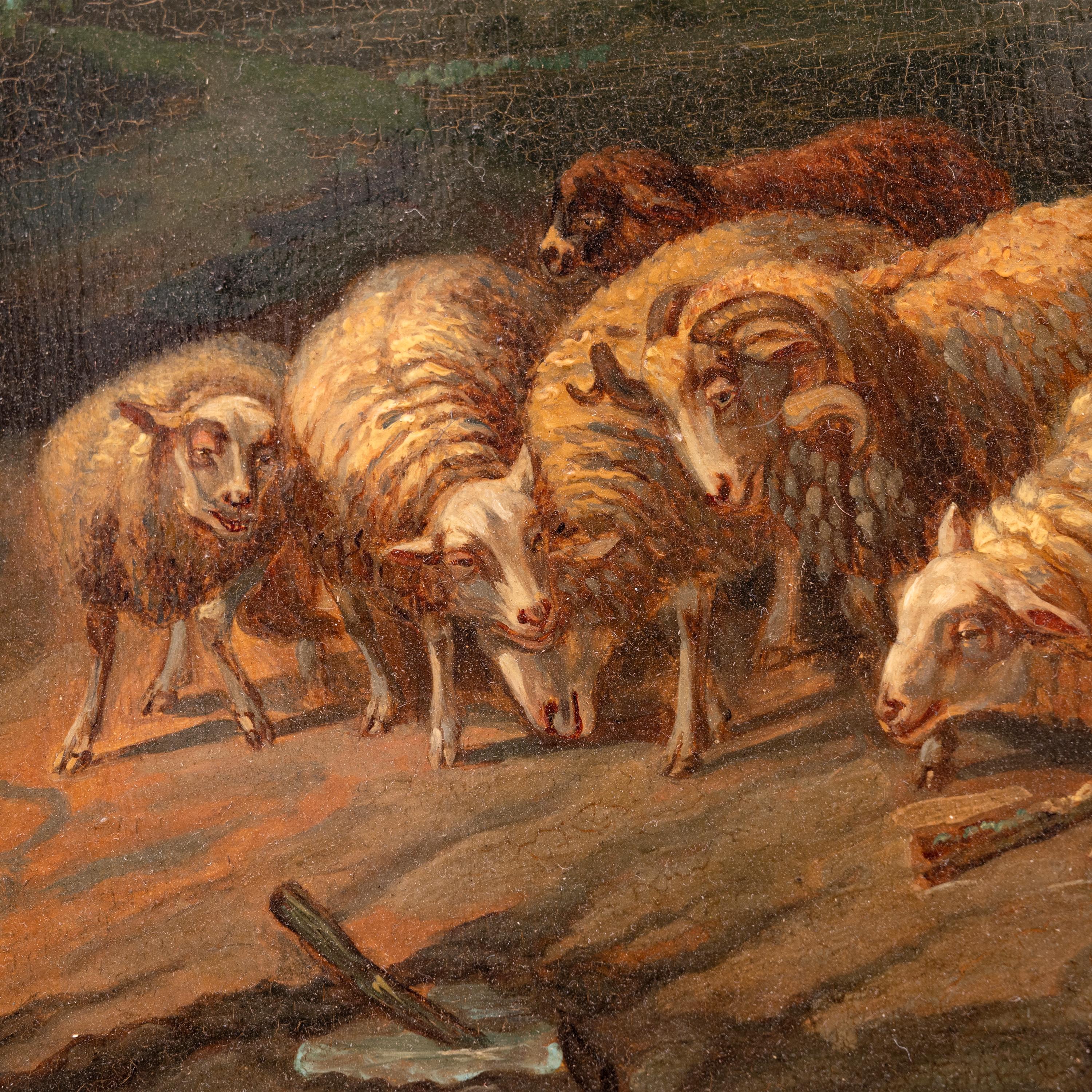 Antique Flemish Oil on Panel Francois Backvis Shepherd Sheep Flock Painting 1880 For Sale 6