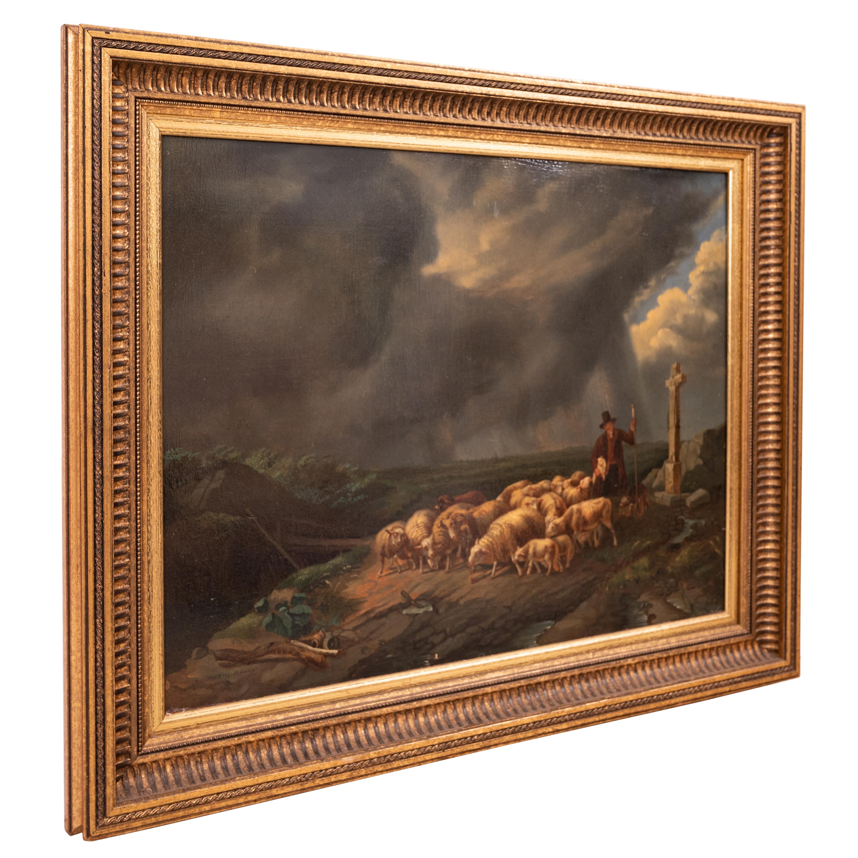 Antique Flemish Oil on Panel Francois Backvis Shepherd Sheep Flock Painting 1880 For Sale 7