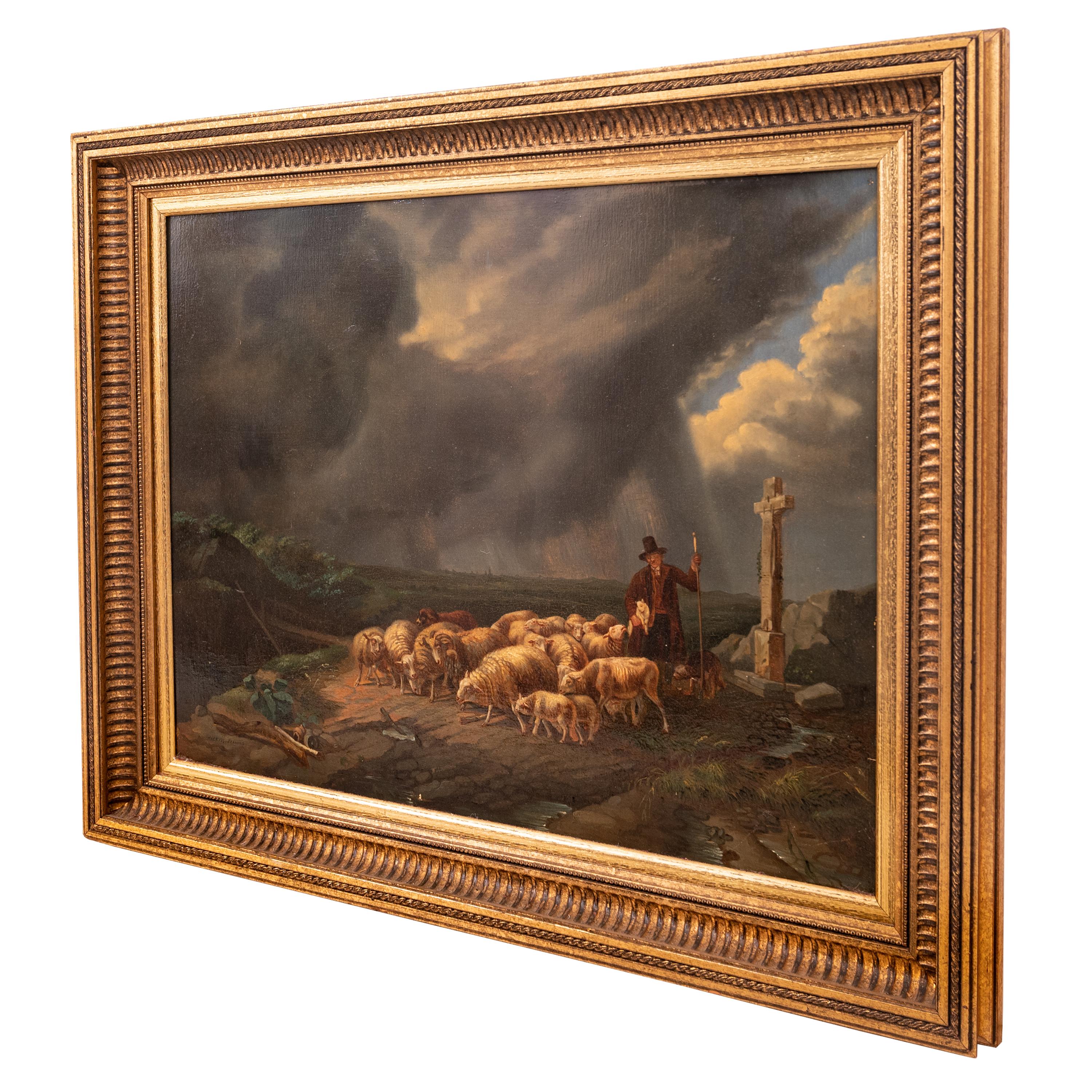 Antique Flemish Oil on Panel Francois Backvis Shepherd Sheep Flock Painting 1880 For Sale 8