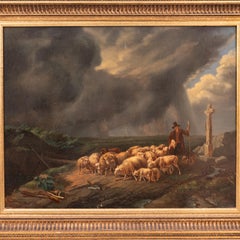 Antique Flemish Oil on Panel Francois Backvis Shepherd Sheep Flock Painting 1880