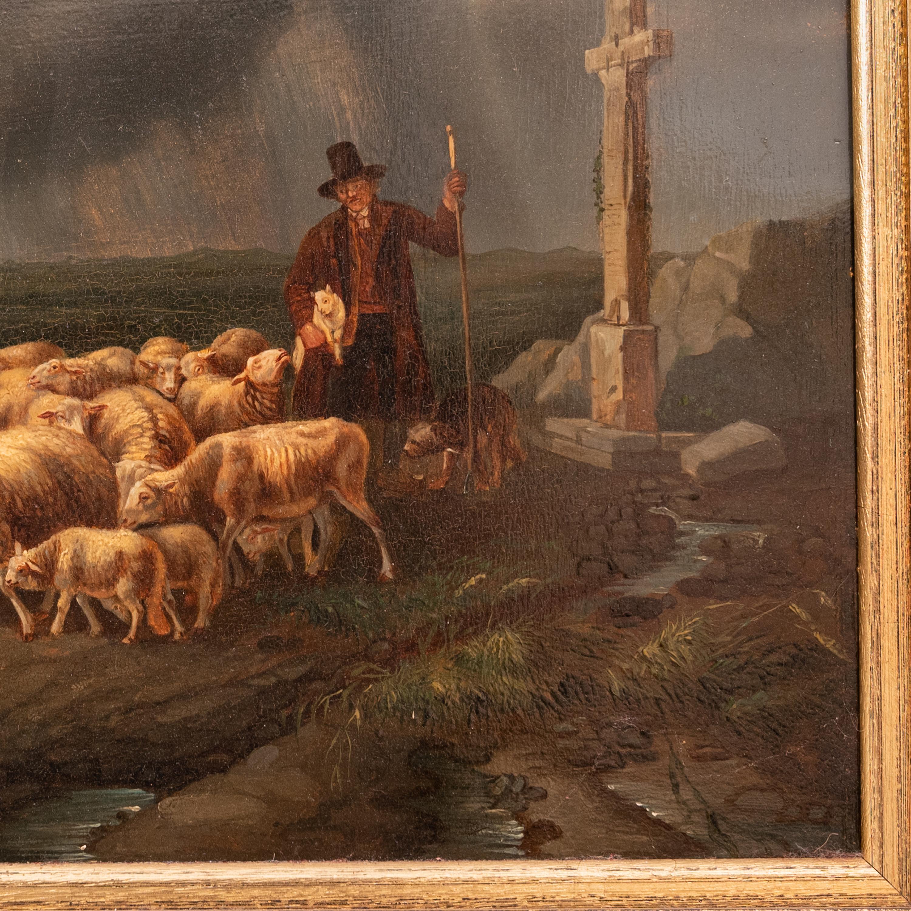 Ein gutes antikes Landschaftsgemälde des flämischen Künstlers Francois Backvis (1857-1926) in Öl auf Tafel.
Das Gemälde um 1880 zeigt das Gleichnis vom verlorenen Schaf aus den Evangelien von Matthäus und Lukas. Das Gemälde zeigt eine stürmische
