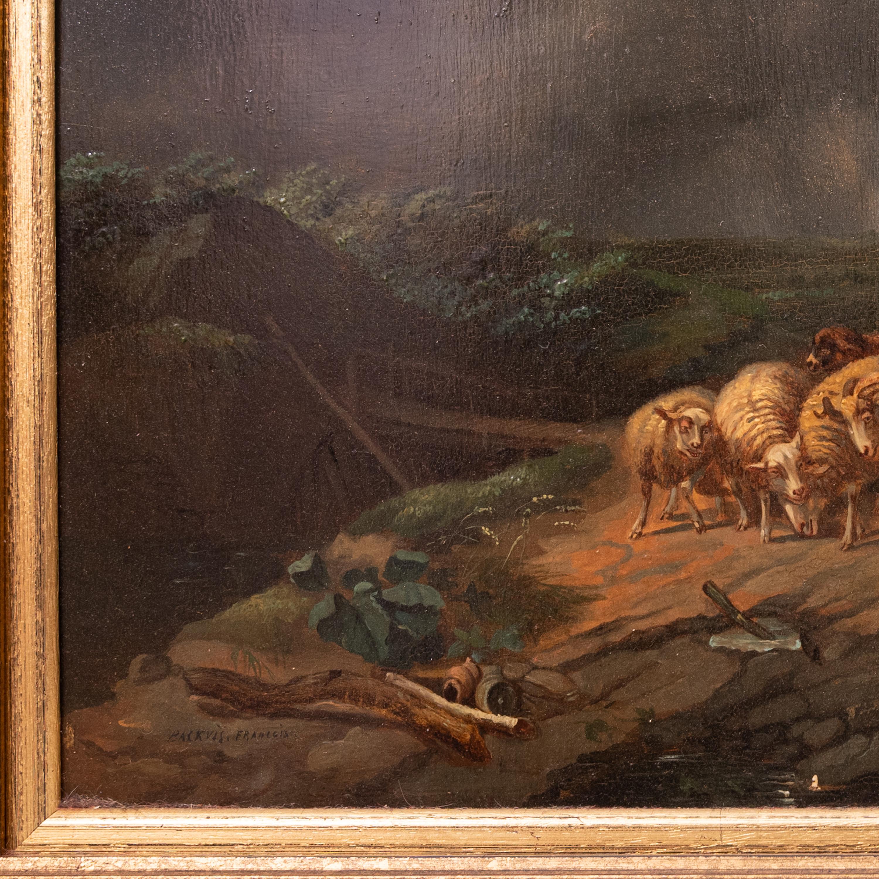 Antique Flemish Oil on Panel Francois Backvis Shepherd Sheep Flock Painting 1880 For Sale 2
