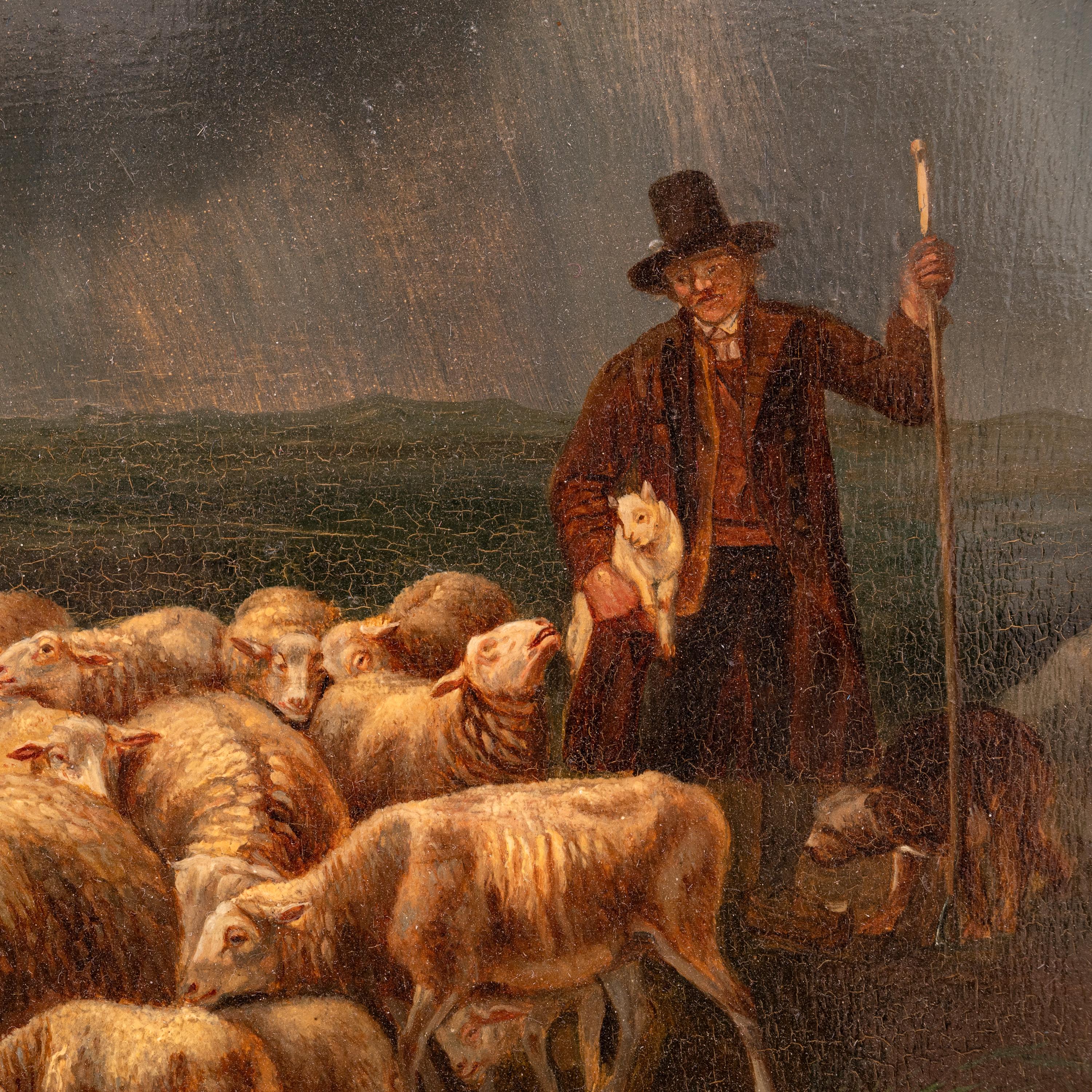 Antique Flemish Oil on Panel Francois Backvis Shepherd Sheep Flock Painting 1880 For Sale 5