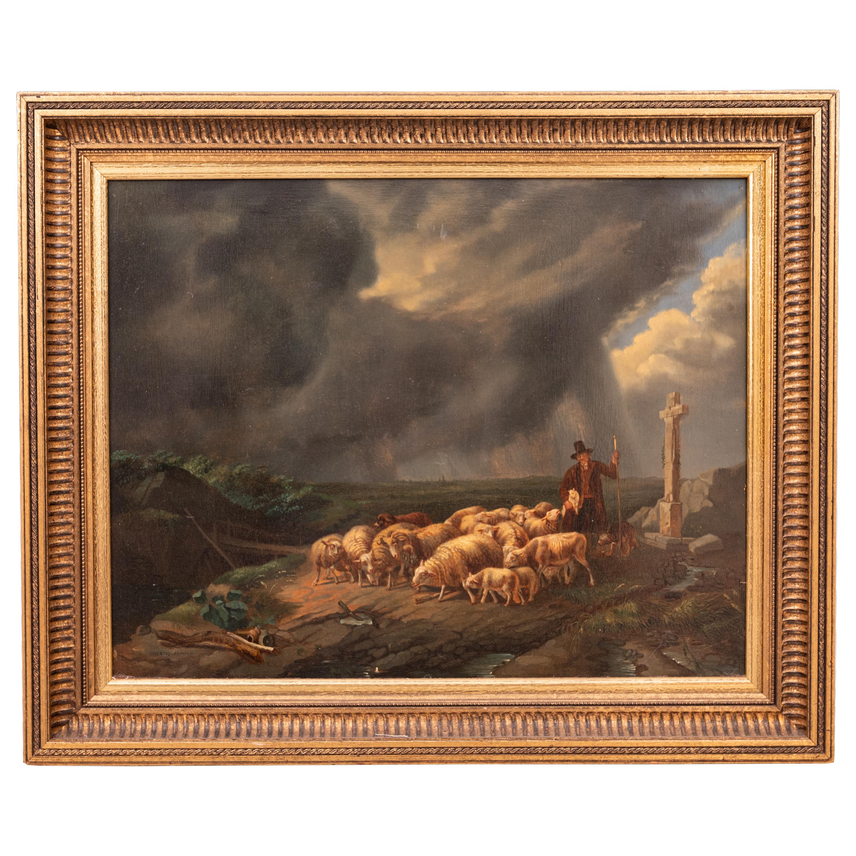 Backvis, Francois Animal Painting - Antique Flemish Oil on Panel Francois Backvis Shepherd Sheep Flock Painting 1880
