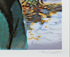 20th century color lithograph French winter scene female figures trees leaves