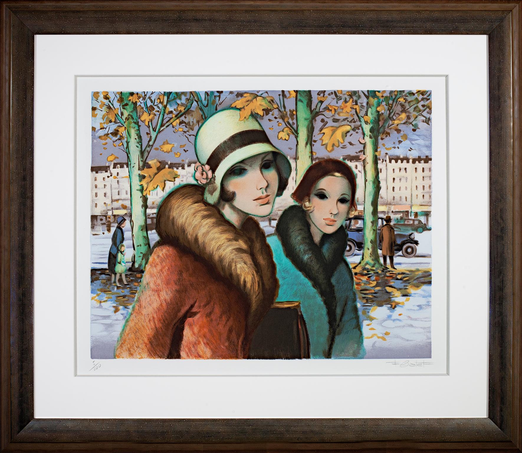 20th century color lithograph French winter scene female figures trees leaves For Sale 1