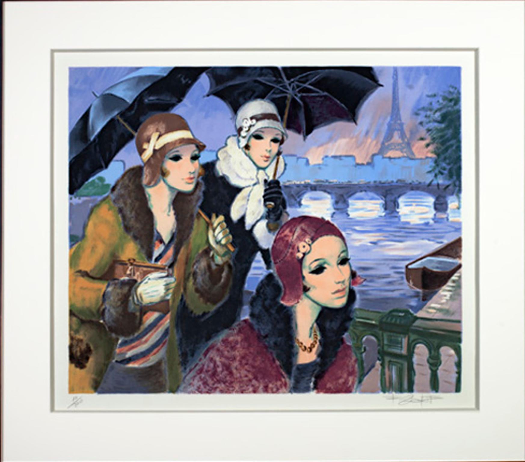 20th century color lithograph French scene female figures river umbrellas - Print by Francois Batet